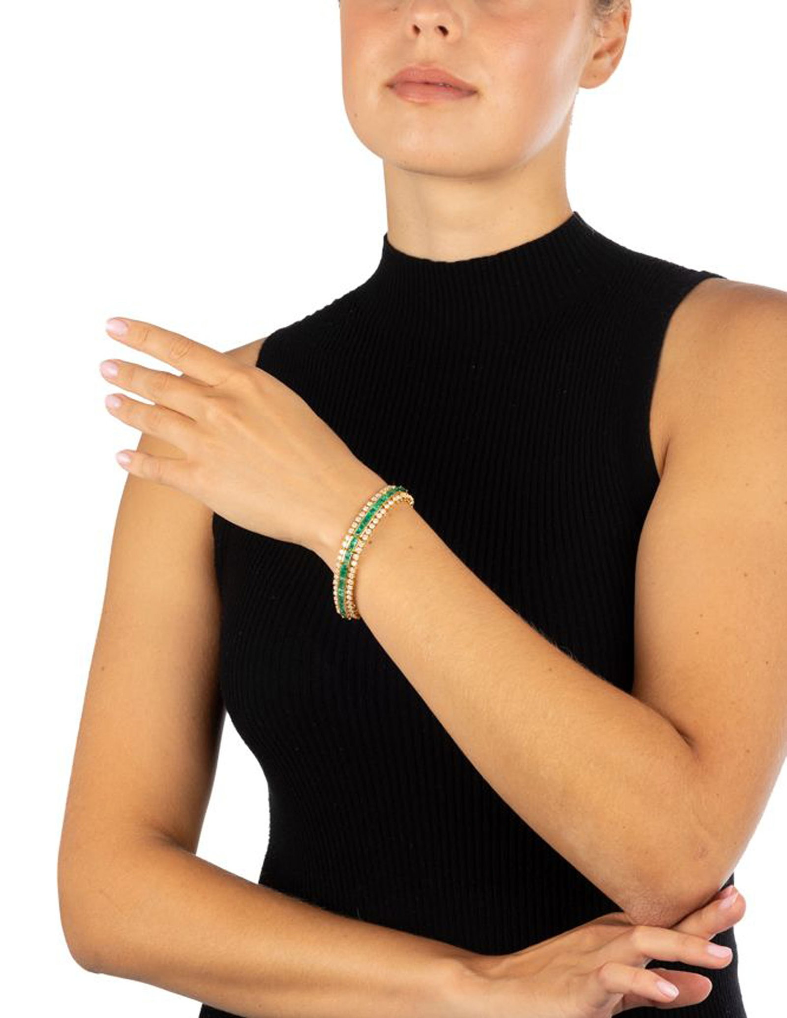 Chantecler, bracelet rivière or 750 serti d'une ligne d'émeraudes carrées épaul& - 3
