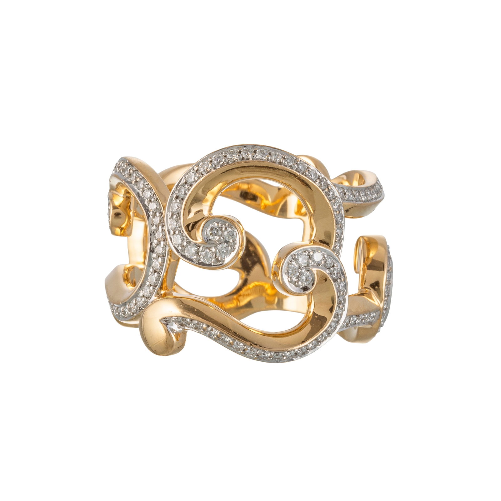 Fabergé, Rococo, bague en or rose 750 ajouré sertie de diamants taille brillant, signé: Fabergé, Rococo, bague en or rose 750 ajouré sertie de diamants taille brillant, signée, numérotée 1414-49, doigt 56-16, 15g Condition Monture: Très bon état de