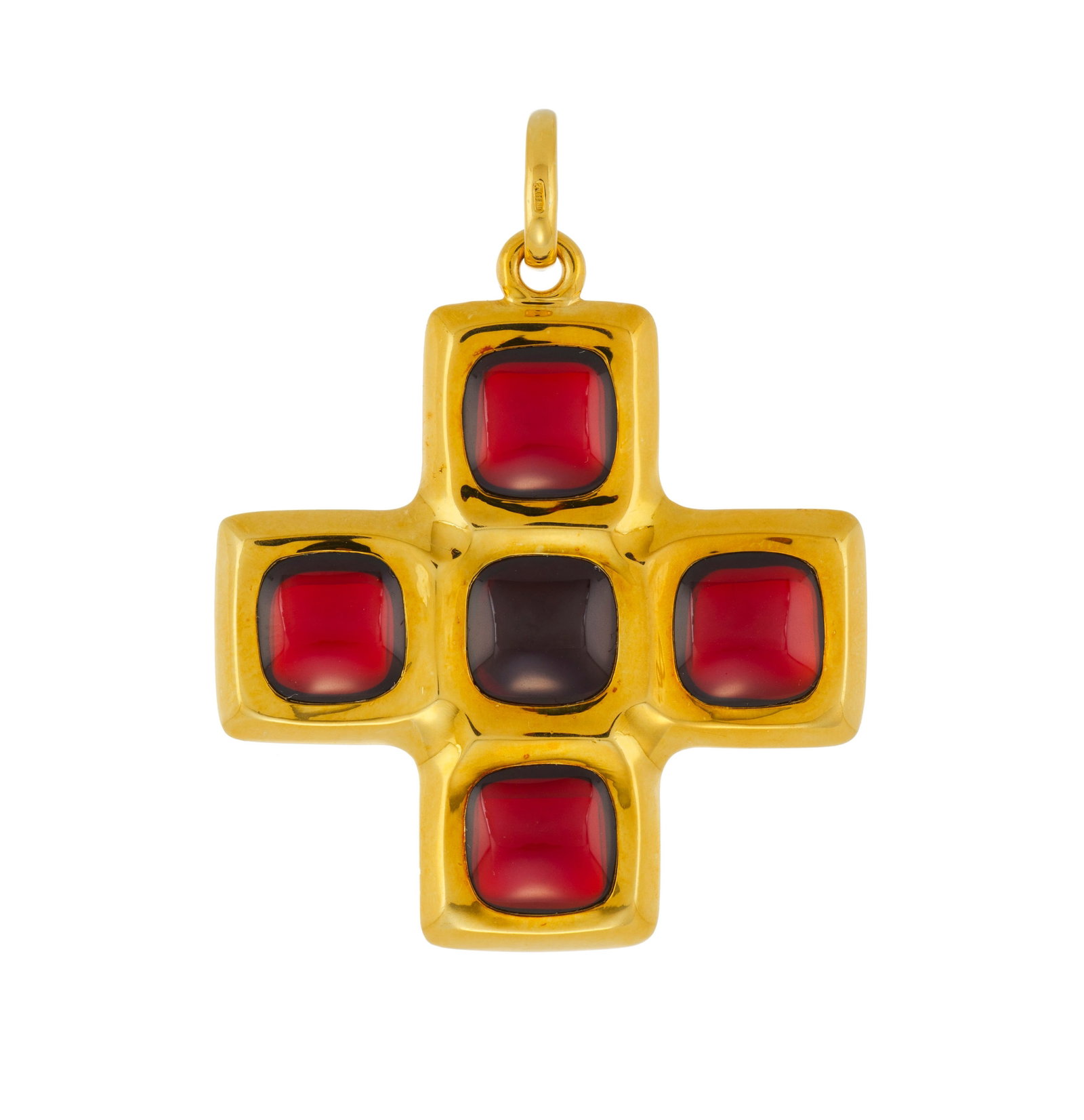 Pomellato, pendentif croix en or 750 orné de grenats polis, signé, h. 5.2 cm, 25g: Pomellato, pendentif croix en or 750 orné de grenats polis, signé, h. 5.2 cm, 25g Condition Bon état de conservation général. Présence de rayures et micro rayures à
