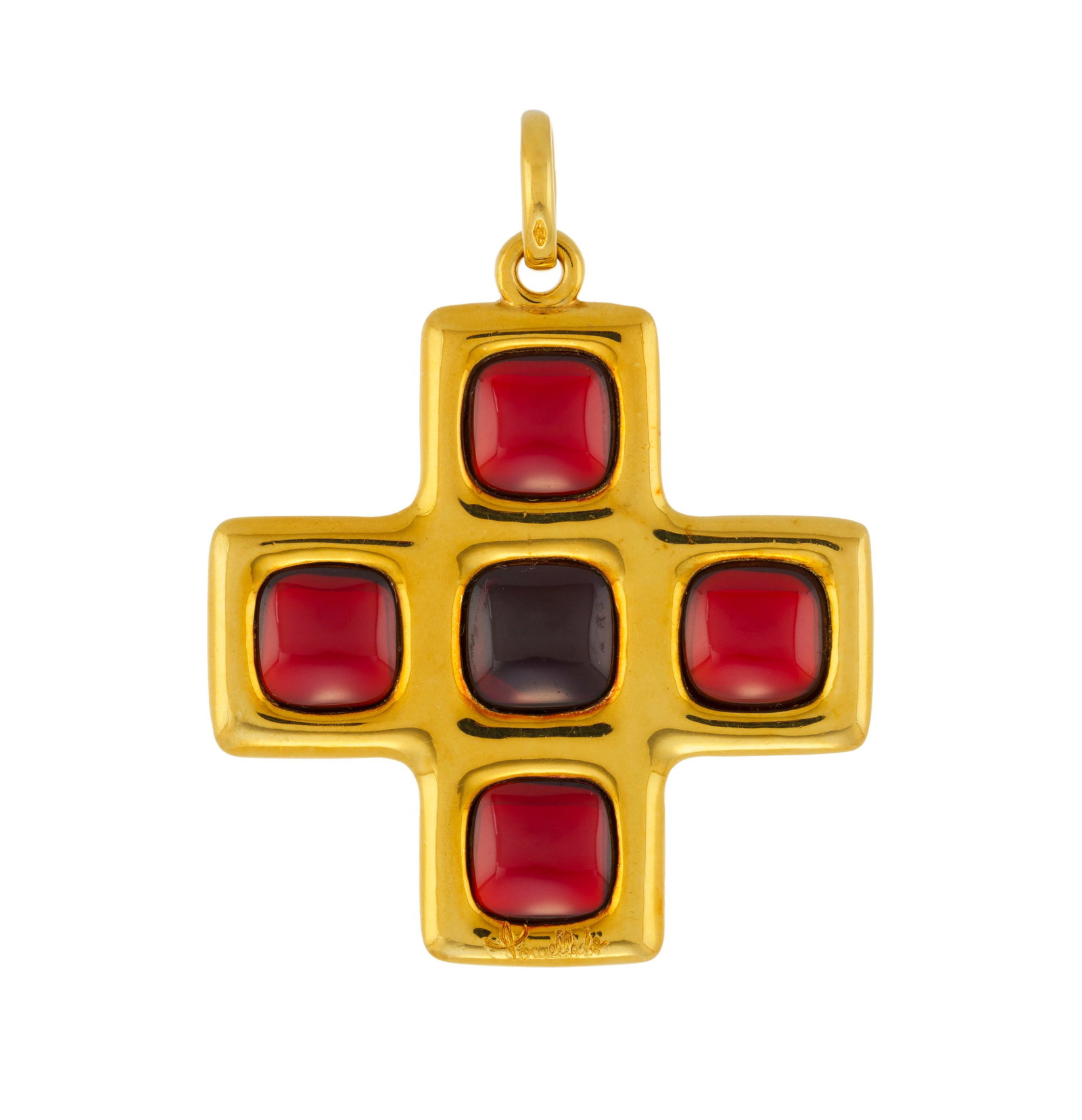 Pomellato, pendentif croix en or 750 orné de grenats polis, signé, h. 5.2 cm, 25g - 3