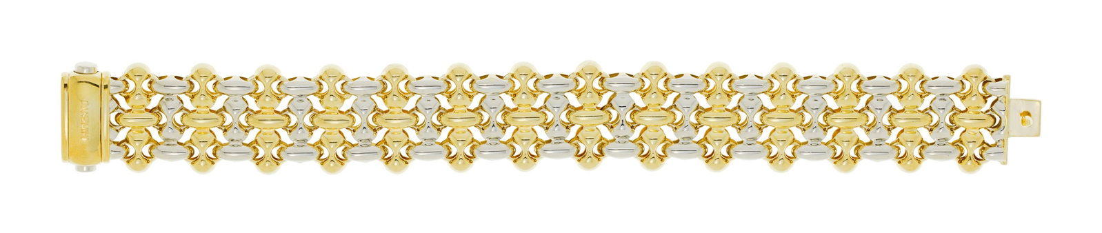 Chimento, bracelet souple 2 ors 750 composé d'un assemblage de maillons bombés, signé: Chimento, bracelet souple 2 ors 750 composé d'un assemblage de maillons bombés, signé, long. 20 cm, 44g, boîte Condition Bon état de conservation général.