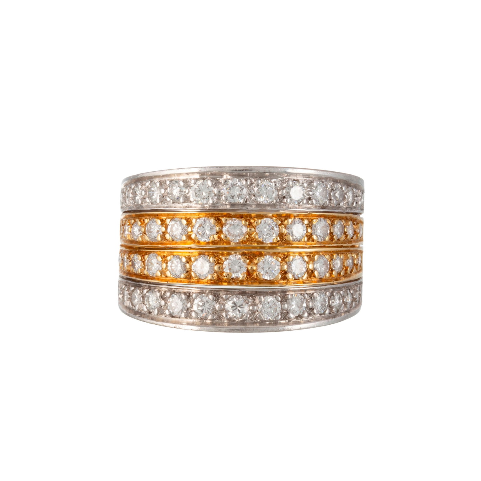 Bague or et or gris 750 formant quatre lignes serties de diamants taille brillant, doigt 52-12, 9g: Bague or et or gris 750 formant quatre lignes serties de diamants taille brillant, doigt 52-12, 9g Condition Bon état de conservation général Gemmes : bon état géné