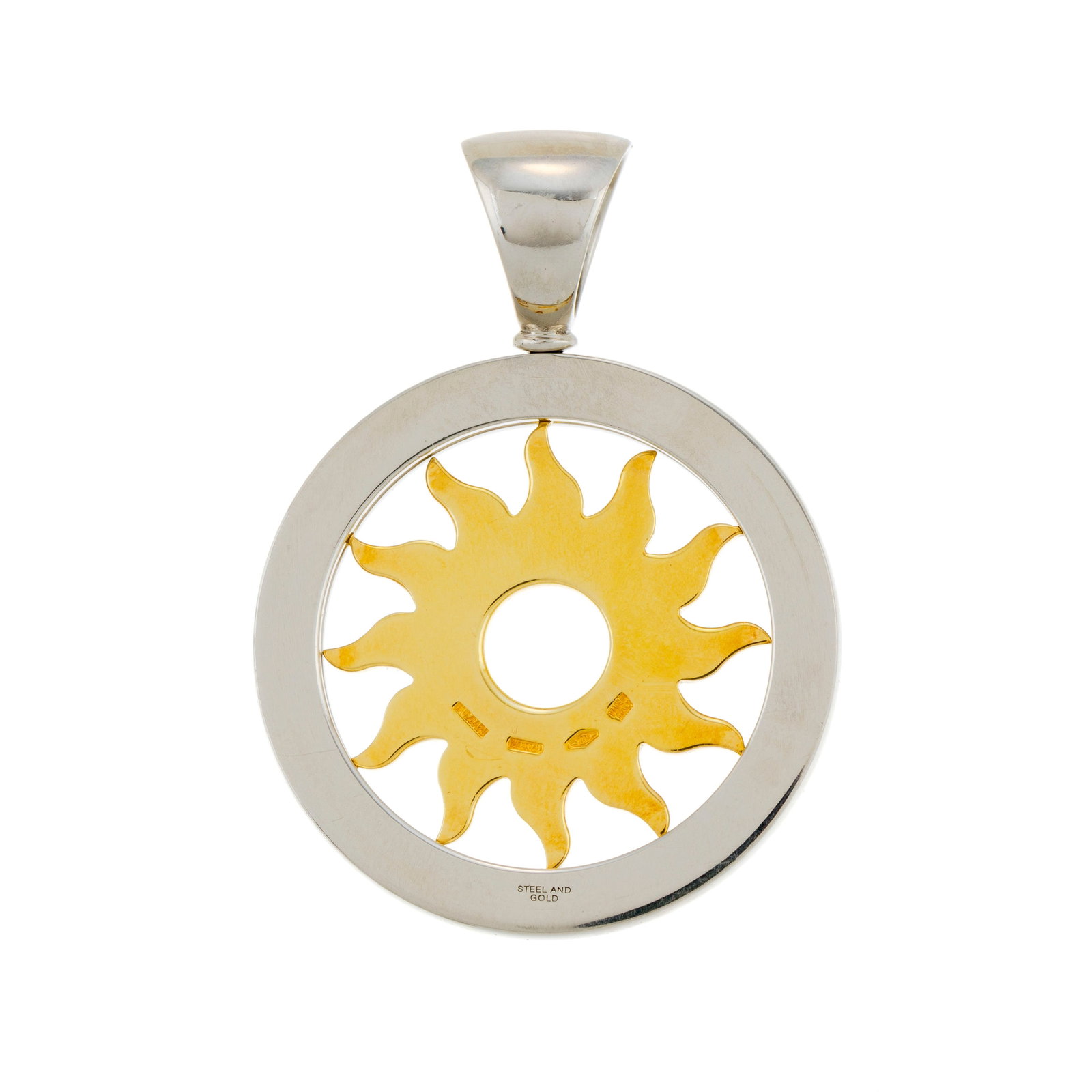 Bulgari, Tondo, pendentif or 750 et acier à motif soleil ajouré serti de diamants taille b - 3