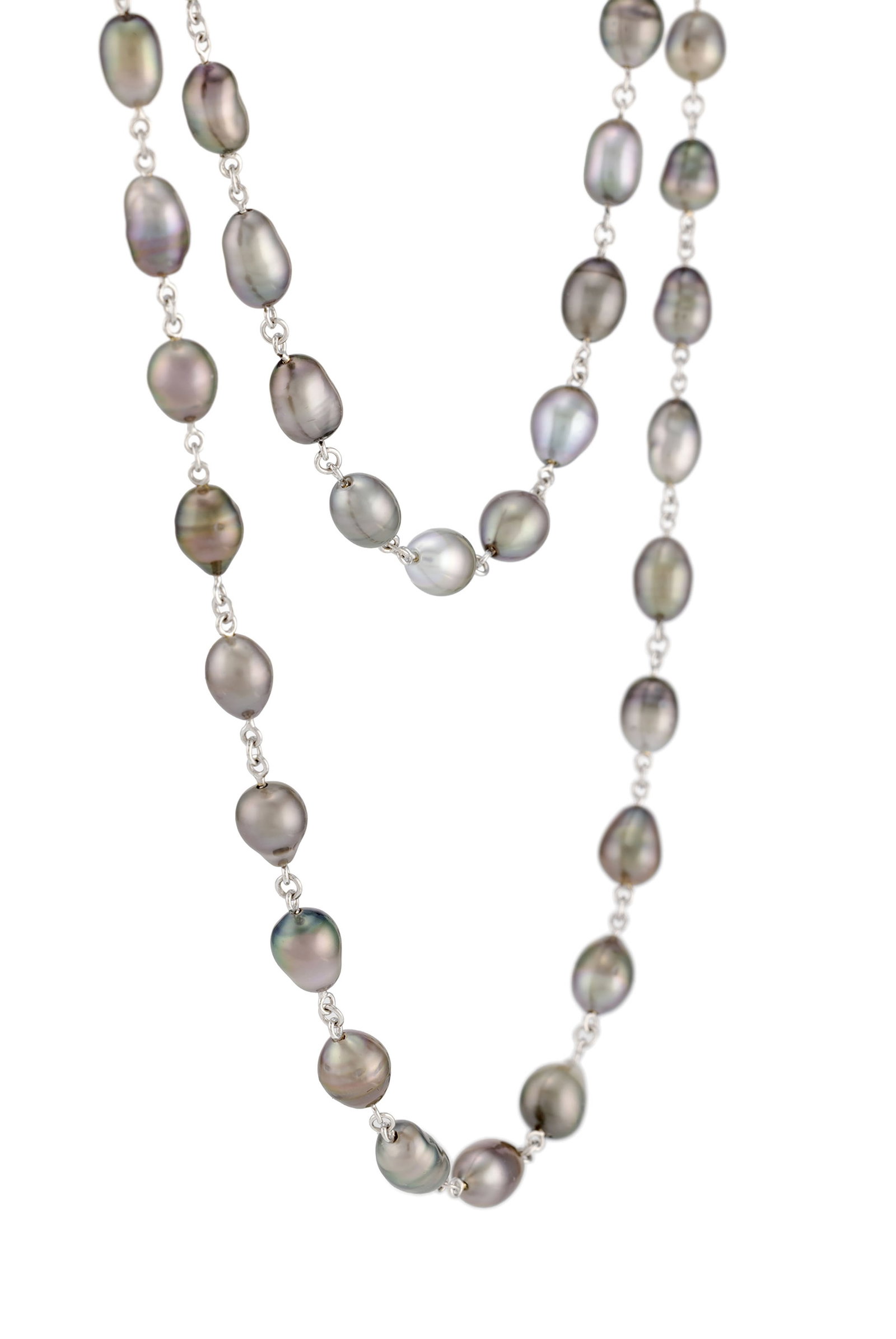 Bucherer, sautoir or gris 750, chaîne à maille forçat alternée de perles de Tahi - 2