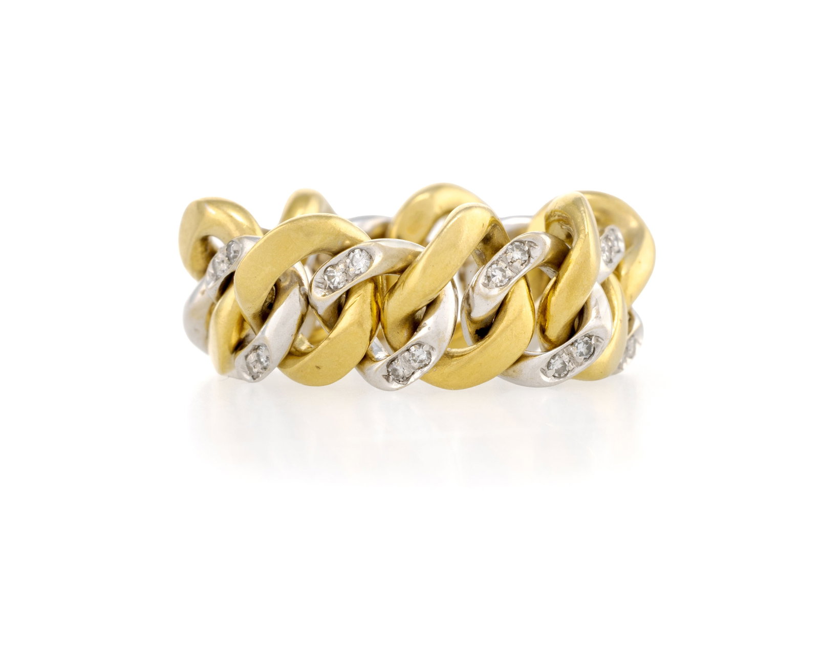 Pomellato, bague souple 2 ors 750 à maille gourmette sertie de diamants taille 8/8, signée: Pomellato, bague souple 2 ors 750 à maille gourmette sertie de diamants taille 8/8, signée, doigt 54-14, 13g Condition Monture: Bon état de conservation général. Présence