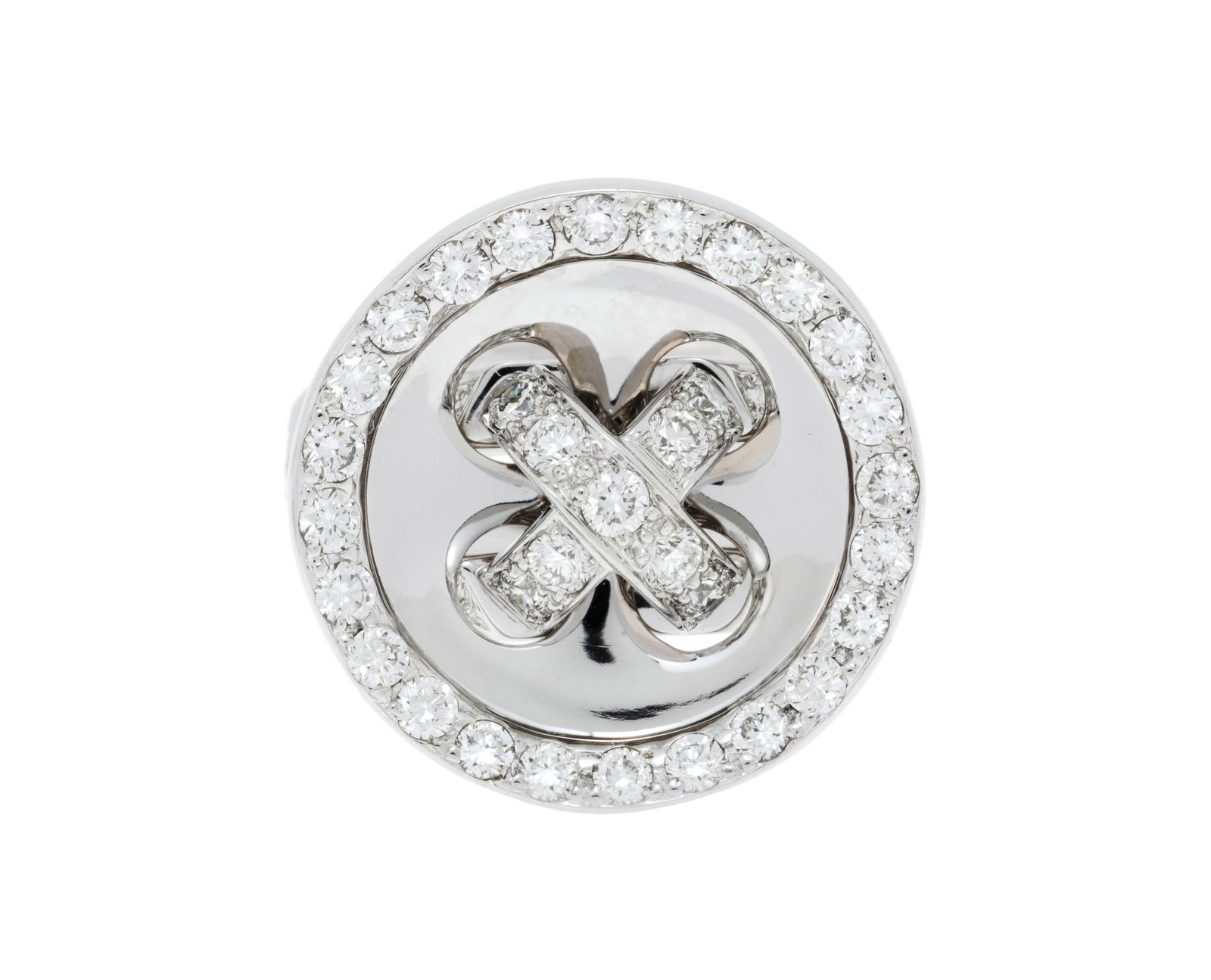 Bague or gris 750 stylisant un bouton serti de diamants taille brillant, doigt 53-13, 12g: Bague or gris 750 stylisant un bouton serti de diamants taille brillant, doigt 53-13, 12g Condition Très bon état de conservation général. Présence de micro rayures d'usage