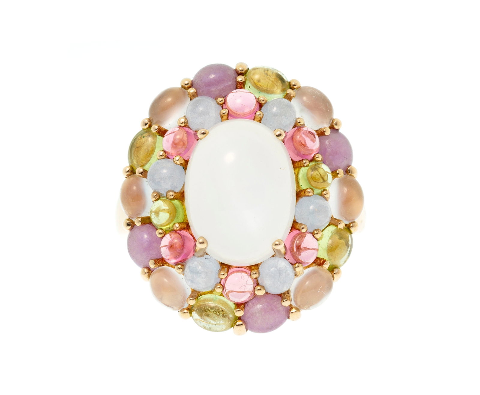 Bague en or rose 750 sertie d'une pierre de lune entourée de cabochons de gemmes diverses dont  (1 of 4)