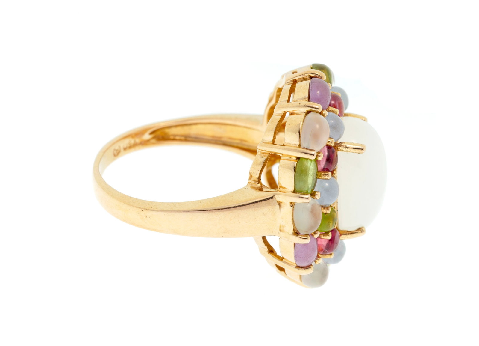 Bague en or rose 750 sertie d'une pierre de lune entourée de cabochons de gemmes diverses dont  - 2