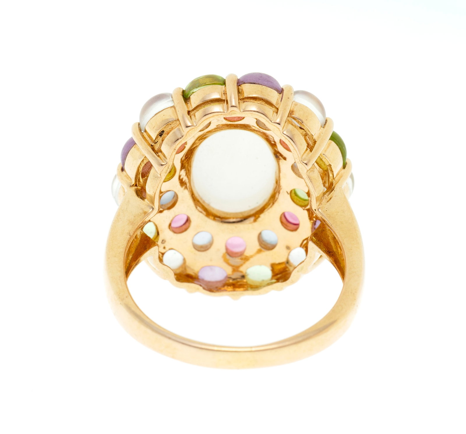 Bague en or rose 750 sertie d'une pierre de lune entourée de cabochons de gemmes diverses dont  - 3