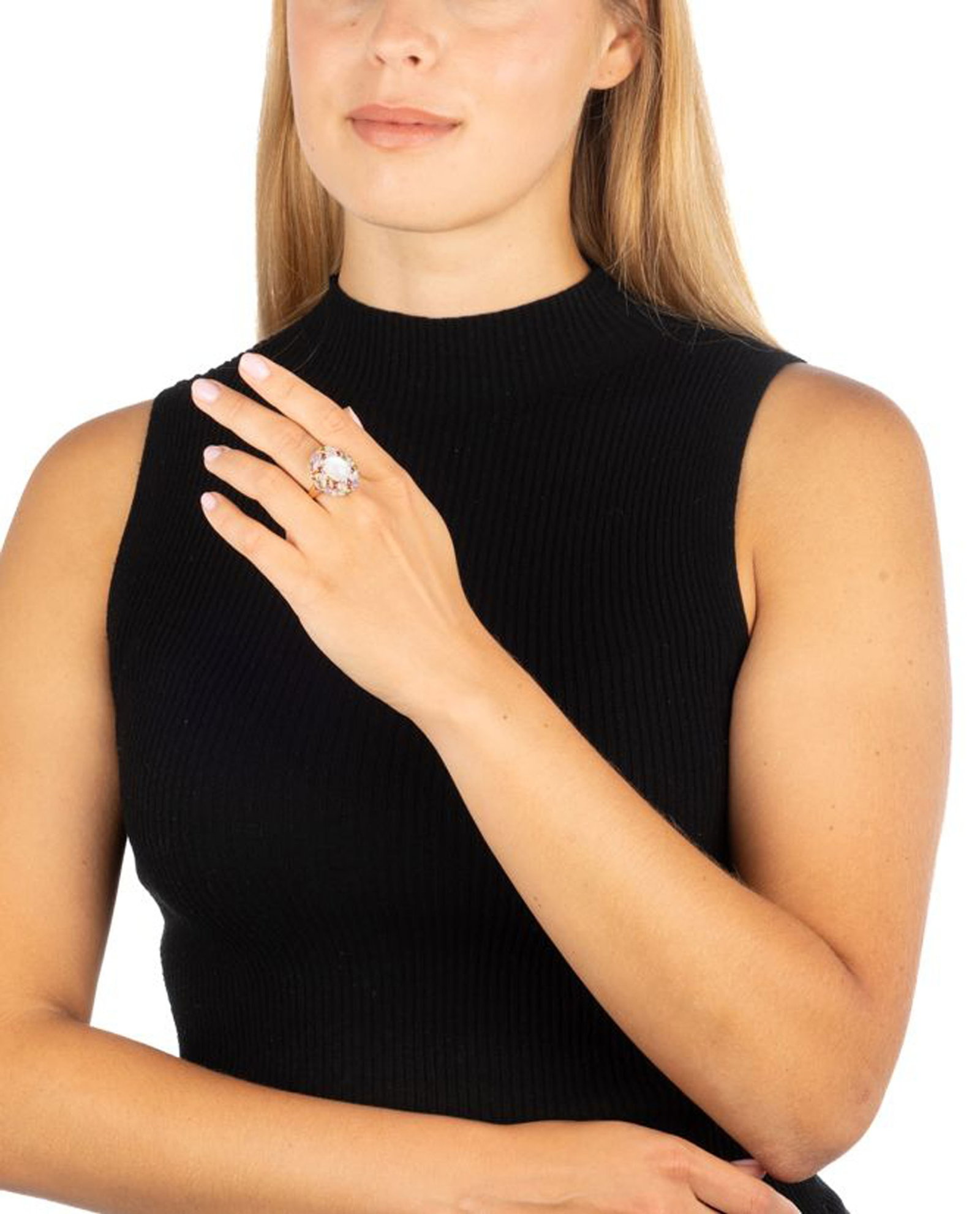 Bague en or rose 750 sertie d'une pierre de lune entourée de cabochons de gemmes diverses dont  - 4