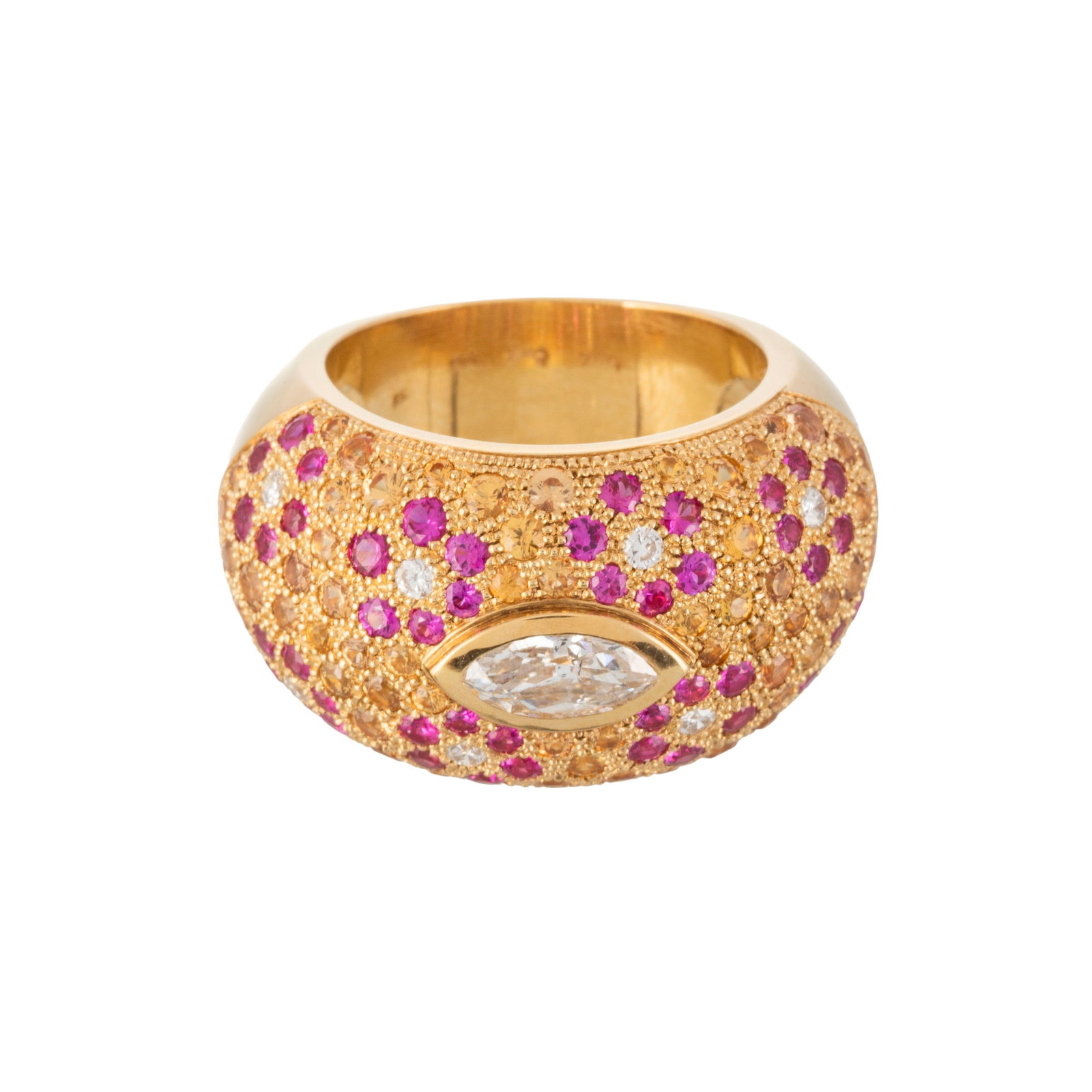 Bague bombée or rose 750 sertie d'un diamant (env. 0.45 ct) taille marquise entouré et  - 2