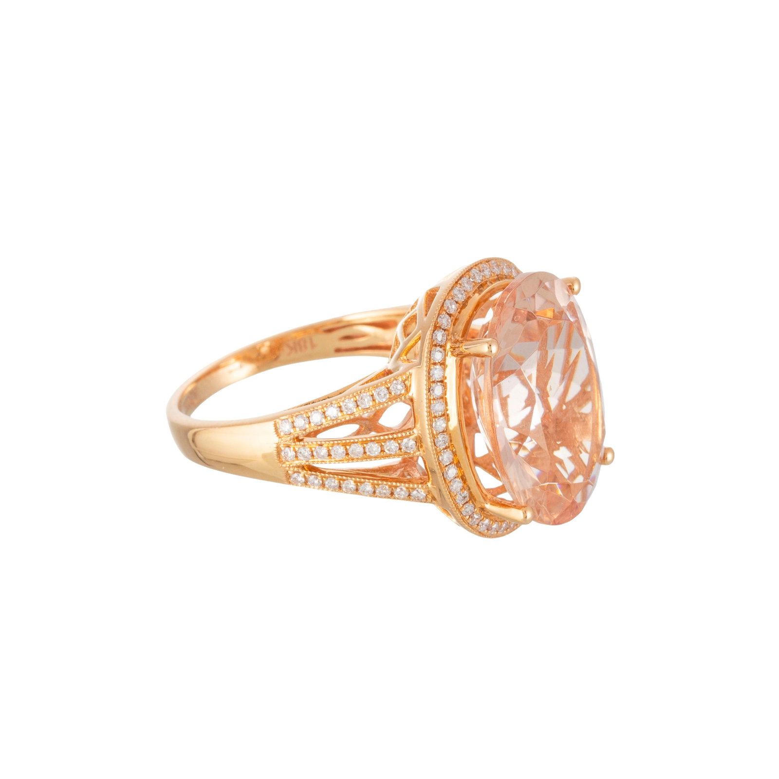Bague or rose 750 sertie d'une morganite ovale entourée de diamants taille brillant, doigt 54-1 - 2