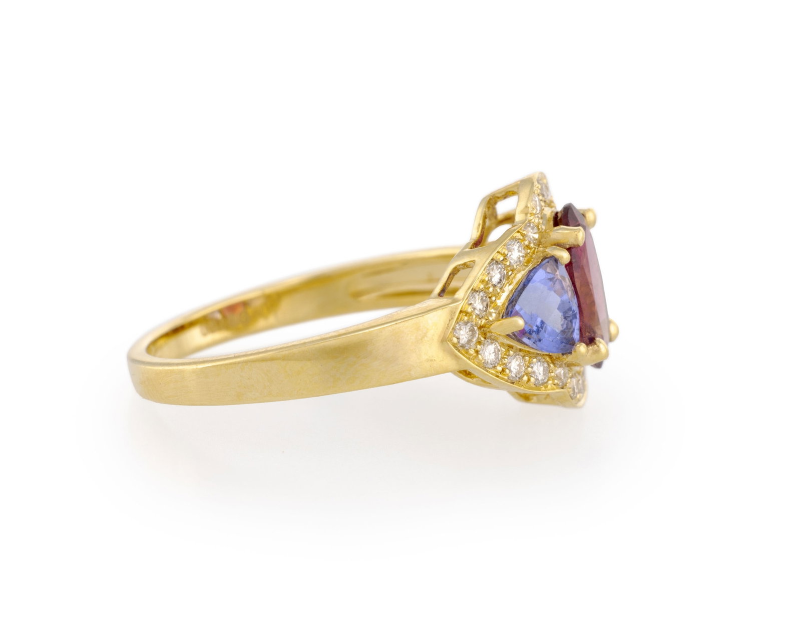Bague or 750 sertie d'une tourmaline rose ovale épaulée de deux tanzanites, entourage de d - 2