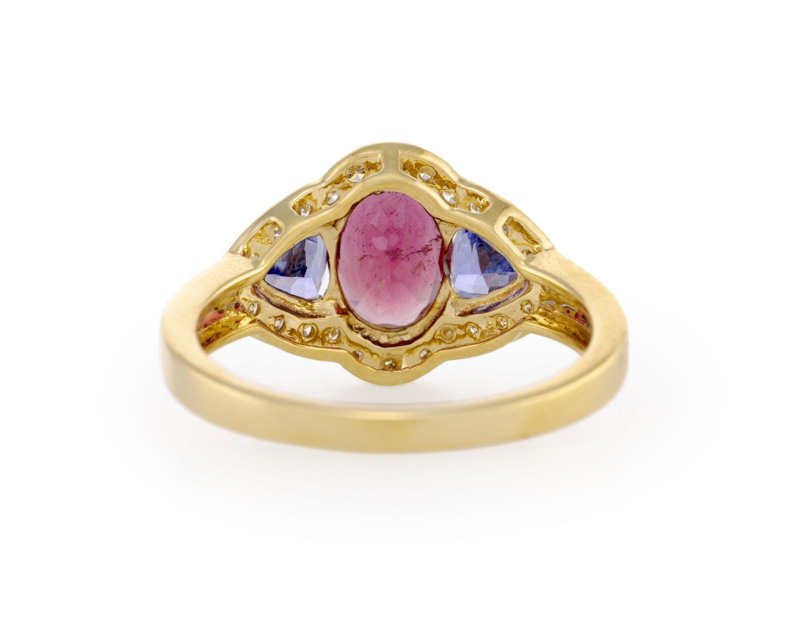 Bague or 750 sertie d'une tourmaline rose ovale épaulée de deux tanzanites, entourage de d - 3