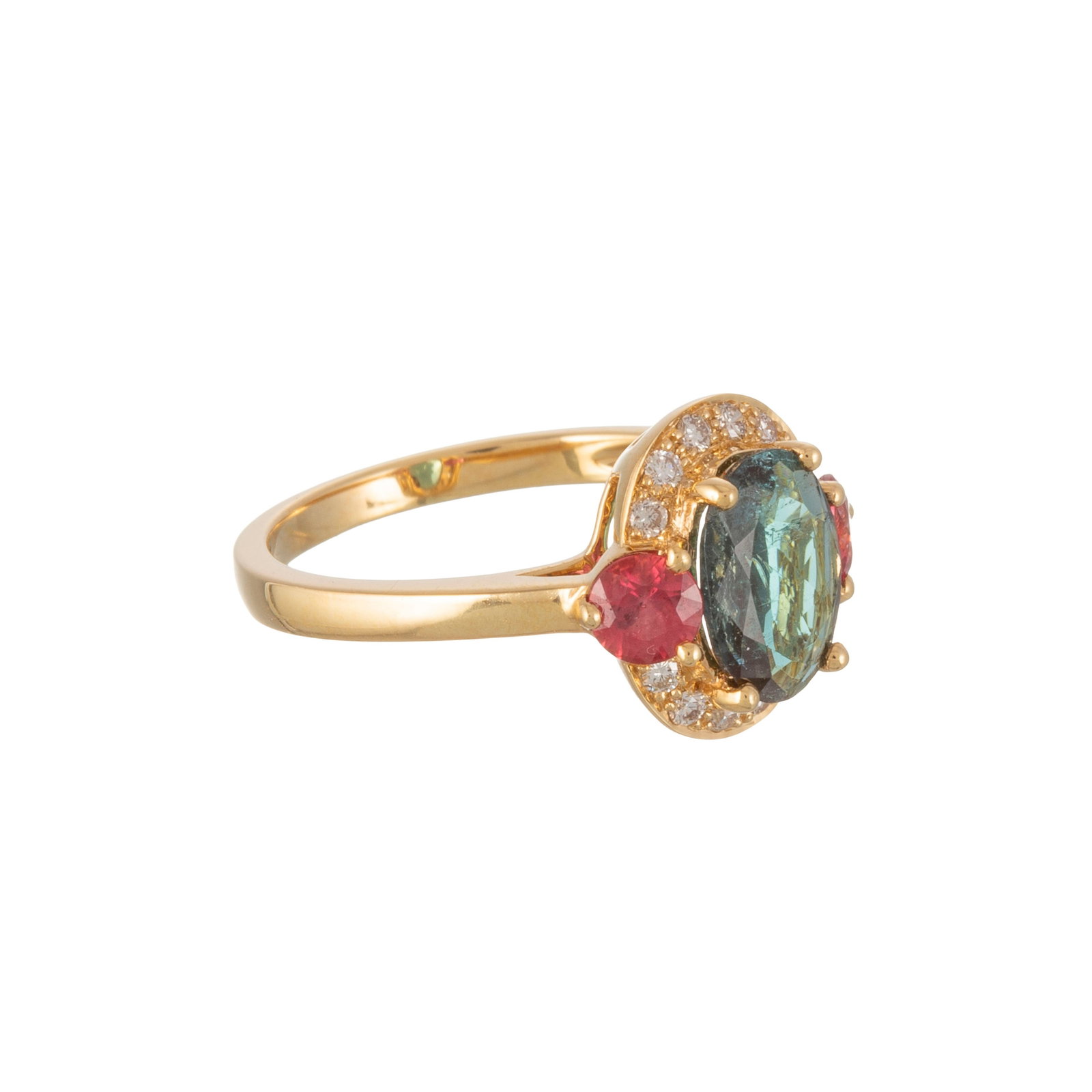 Bague or 750 sertie d'une tourmaline verte ovale entourée de deux saphirs oranges et de diamant - 2