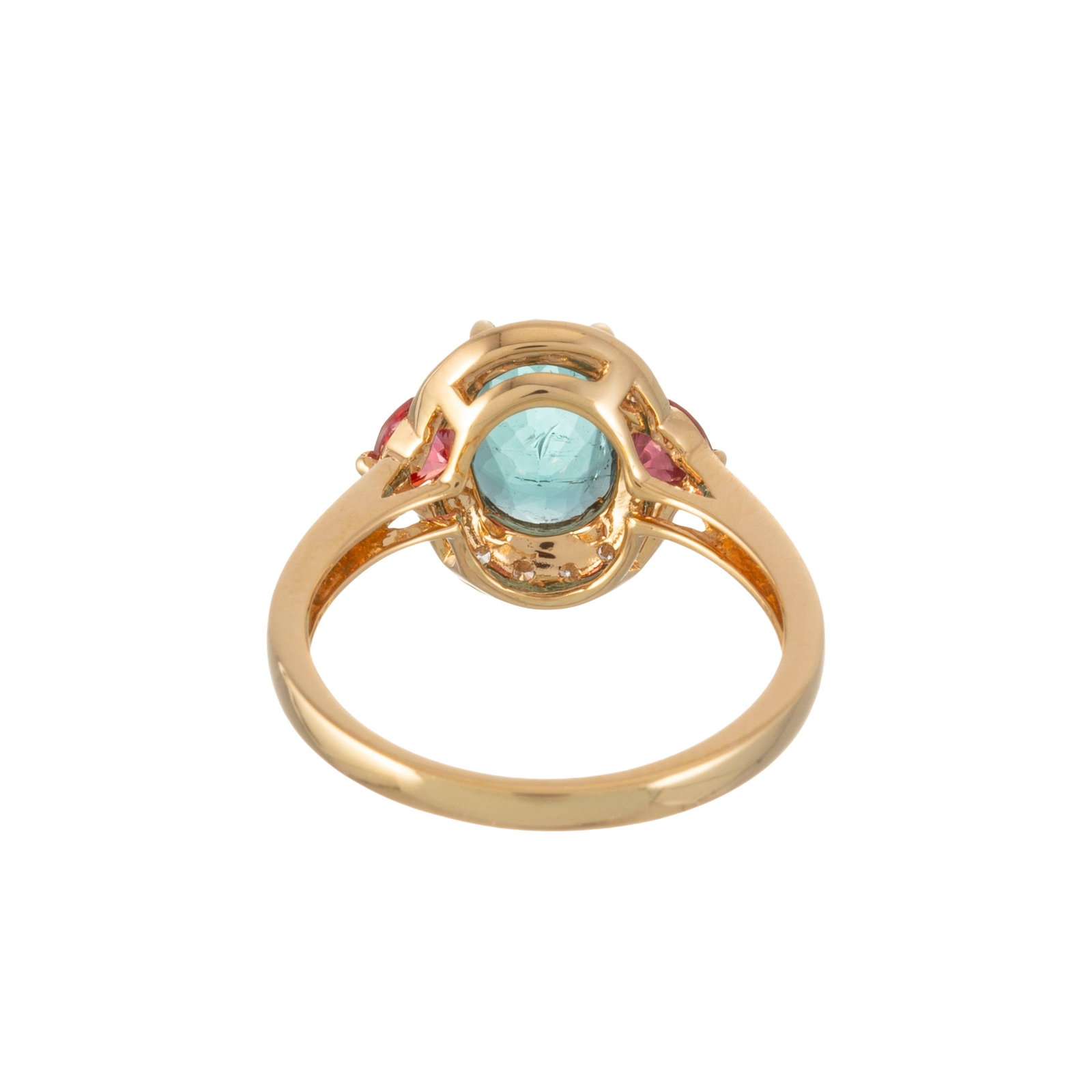 Bague or 750 sertie d'une tourmaline verte ovale entourée de deux saphirs oranges et de diamant - 3