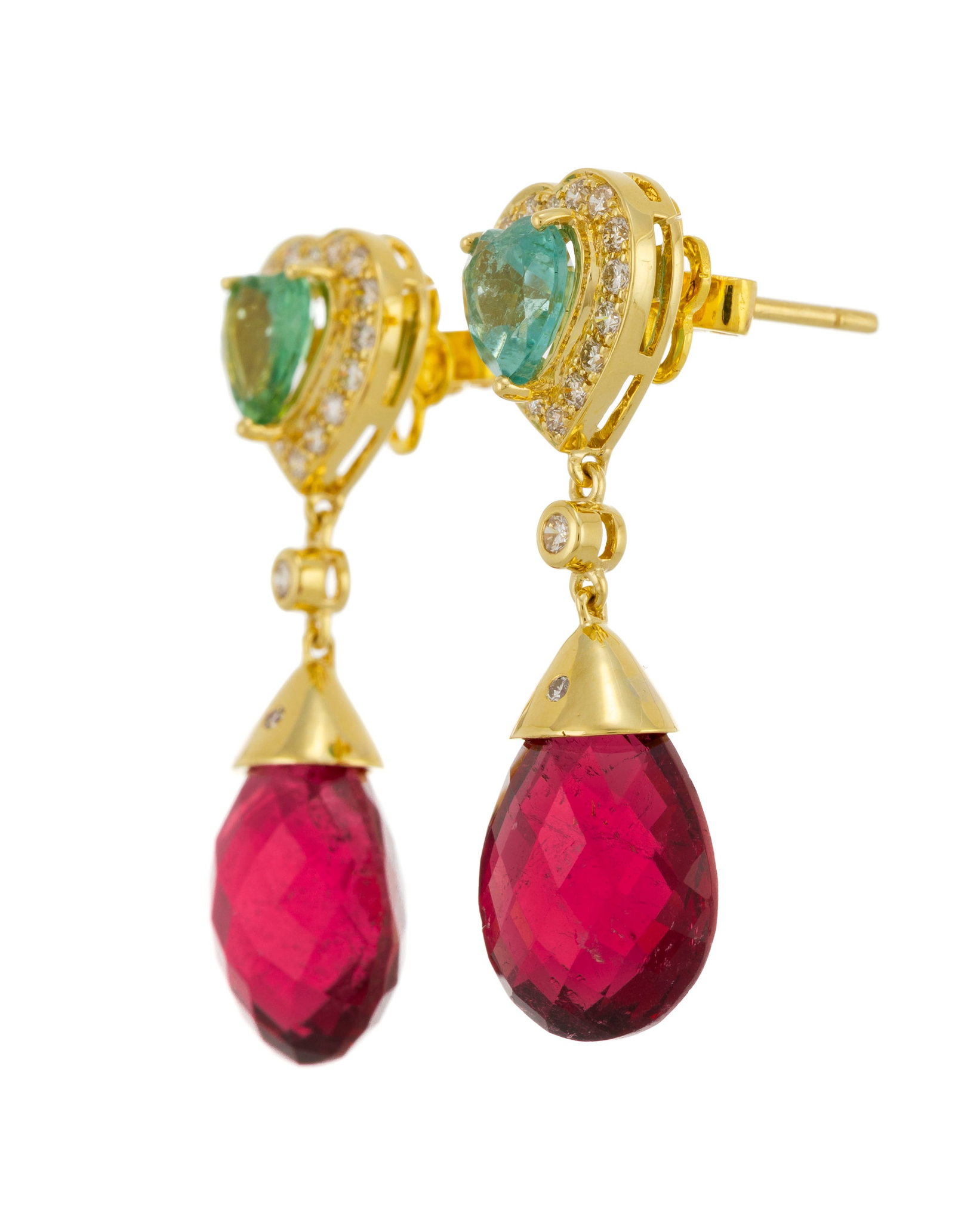 Paire de pendants d'oreilles or 750 sertis de tourmalines vertes - bleues taille cœur entour - 2