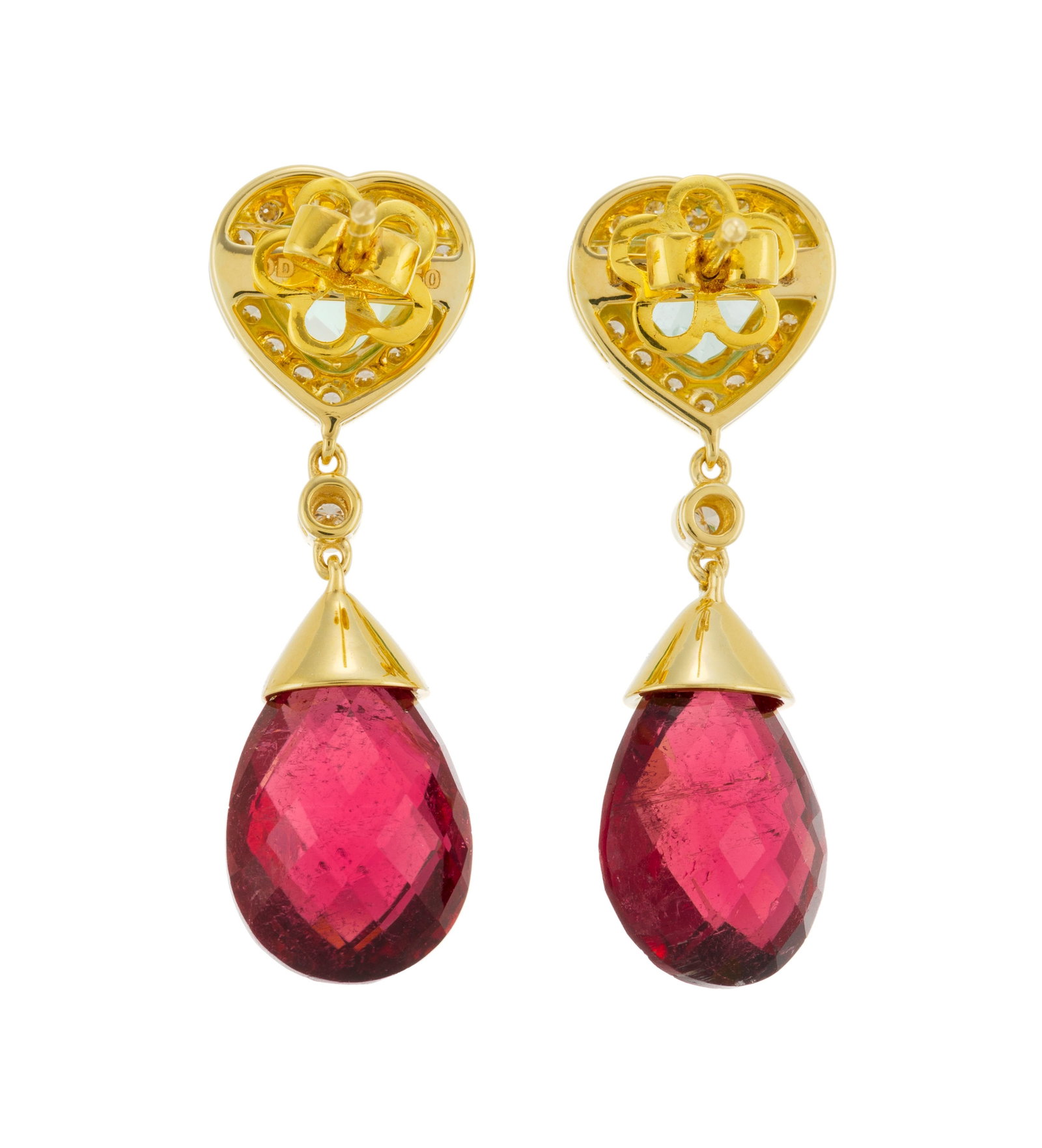 Paire de pendants d'oreilles or 750 sertis de tourmalines vertes - bleues taille cœur entour - 3