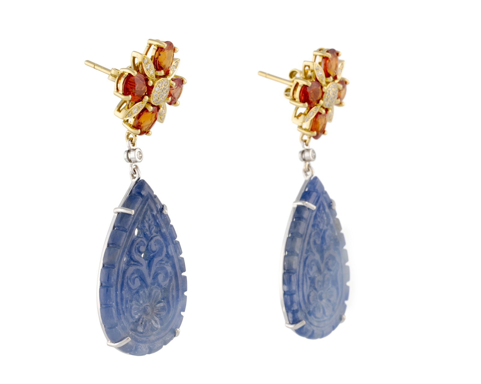 Paire de pendants d'oreilles deux ors 750 sertis de saphirs oranges ovales et de diamants taille bri - 2
