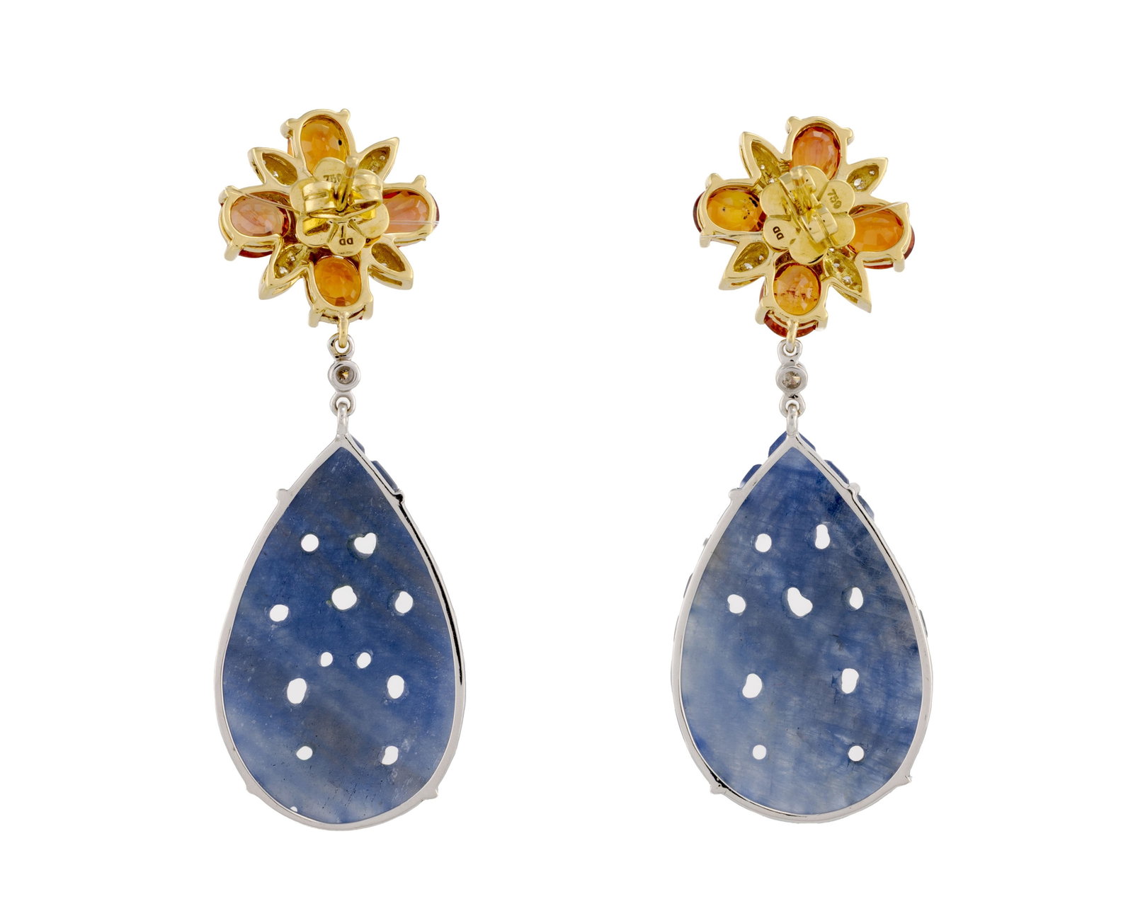 Paire de pendants d'oreilles deux ors 750 sertis de saphirs oranges ovales et de diamants taille bri - 3