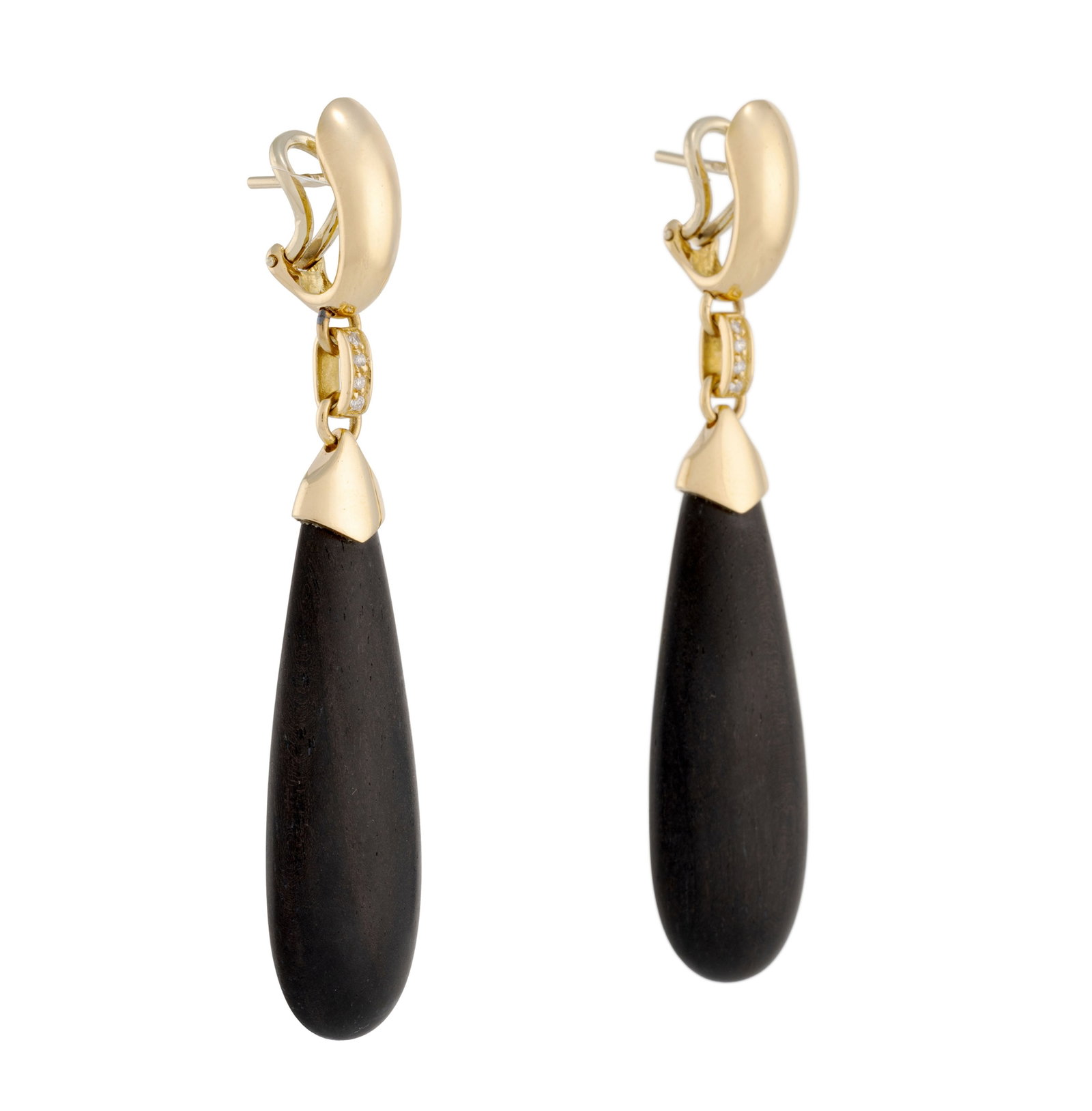 Paire de pendants d'oreilles or rose 750 sertis de diamants taille brillant et retenant des gouttes  - 2
