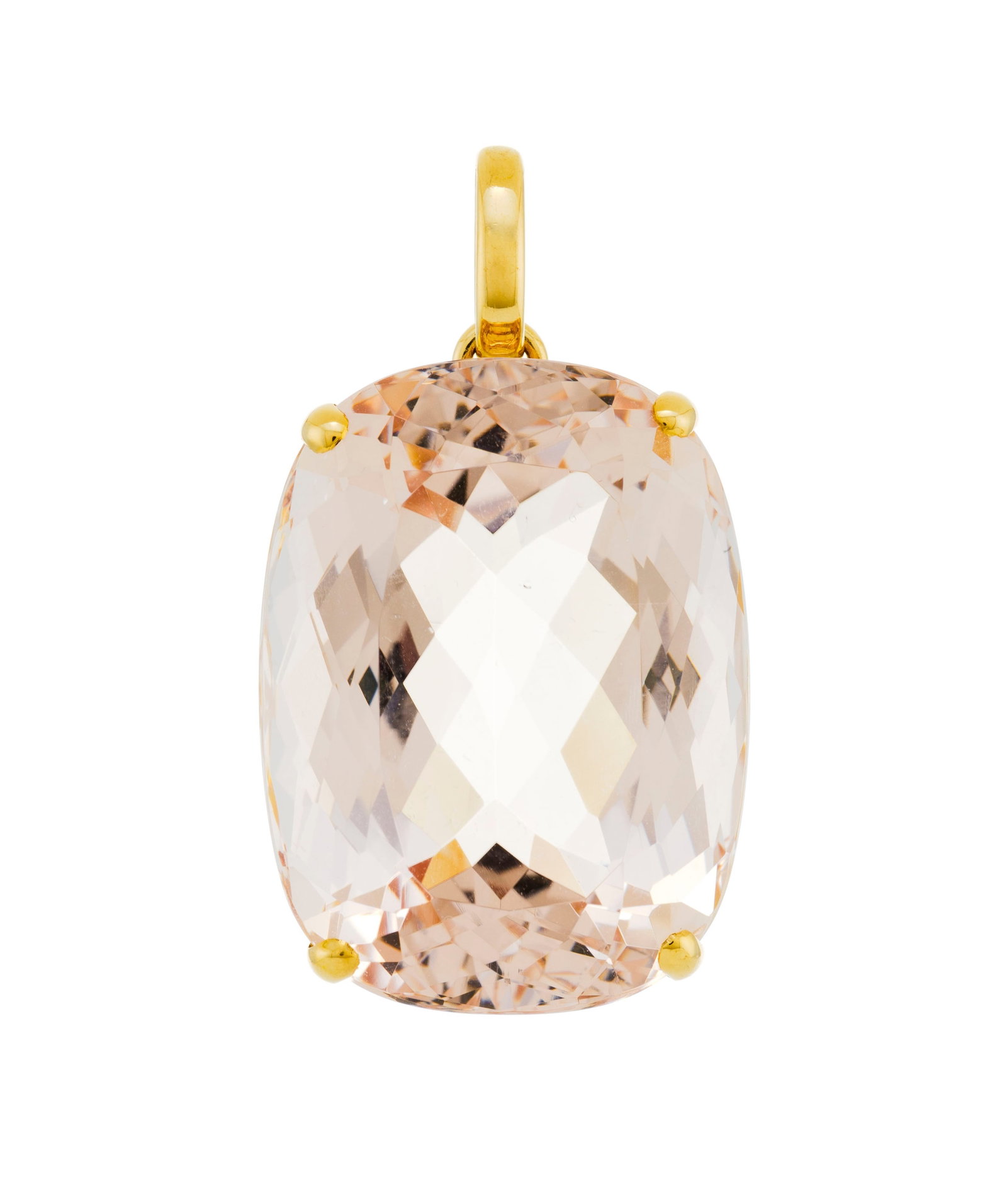 Pendentif or 750 serti d'une morganite taille coussin (env. 77 ct), h. 4.5 cm, 24g: Pendentif or 750 serti d'une morganite taille coussin (env. 77 ct), h. 4.5 cm, 24g Condition Bon état de conservation général Présence de micro rayures d'usage normal Morganite: