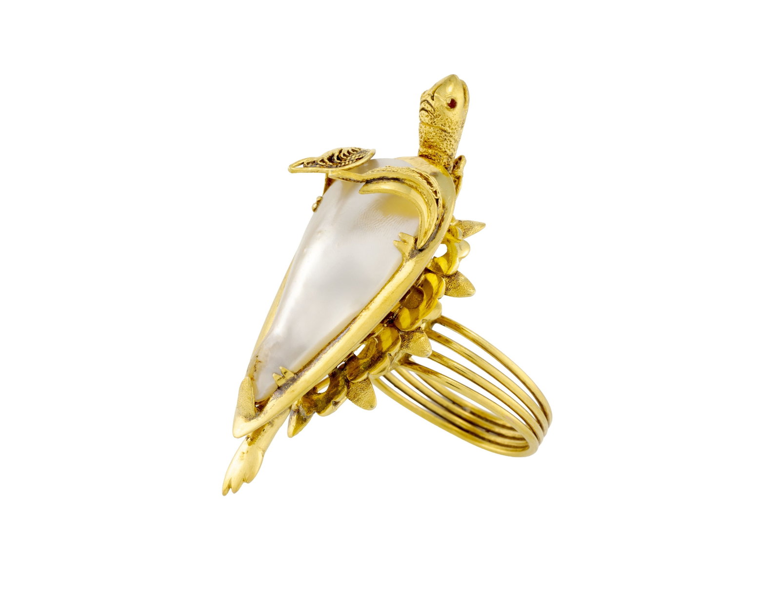 Bague stylisant une tortue de mer en or 585 ornée de nacre, doigt 56-16, 16g - 2