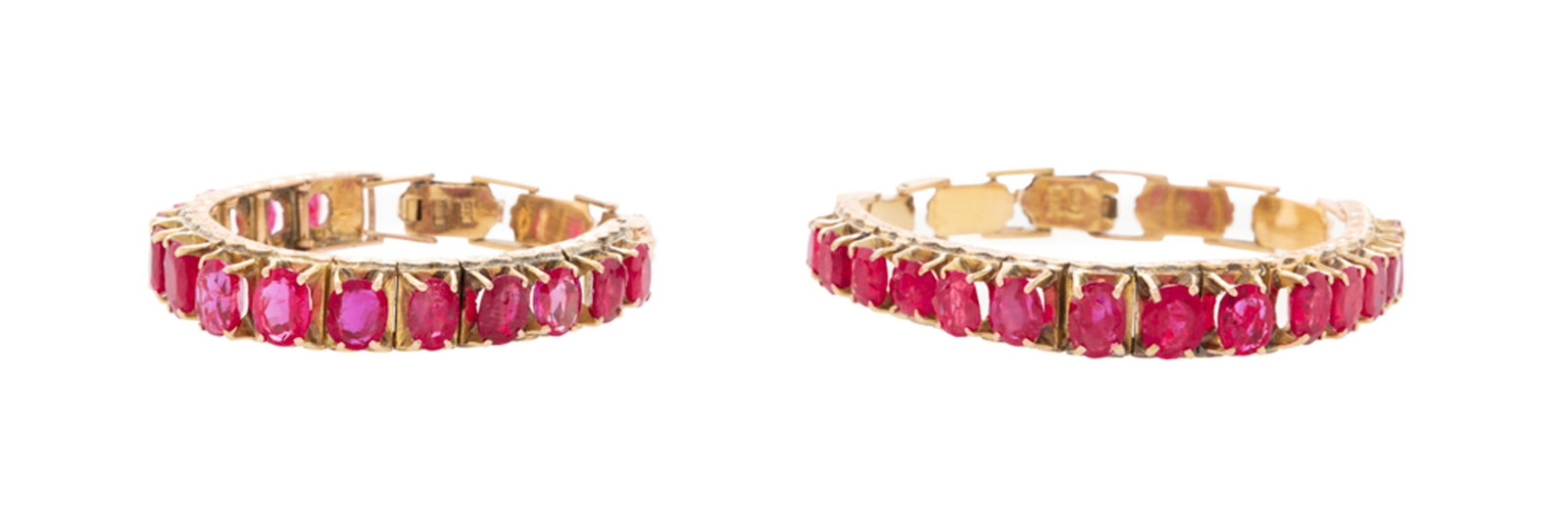 Lot de deux bracelets en or 585 sertis de lignes de rubis ovales en chute, circ. 12 et 14 cm, 40g - 2