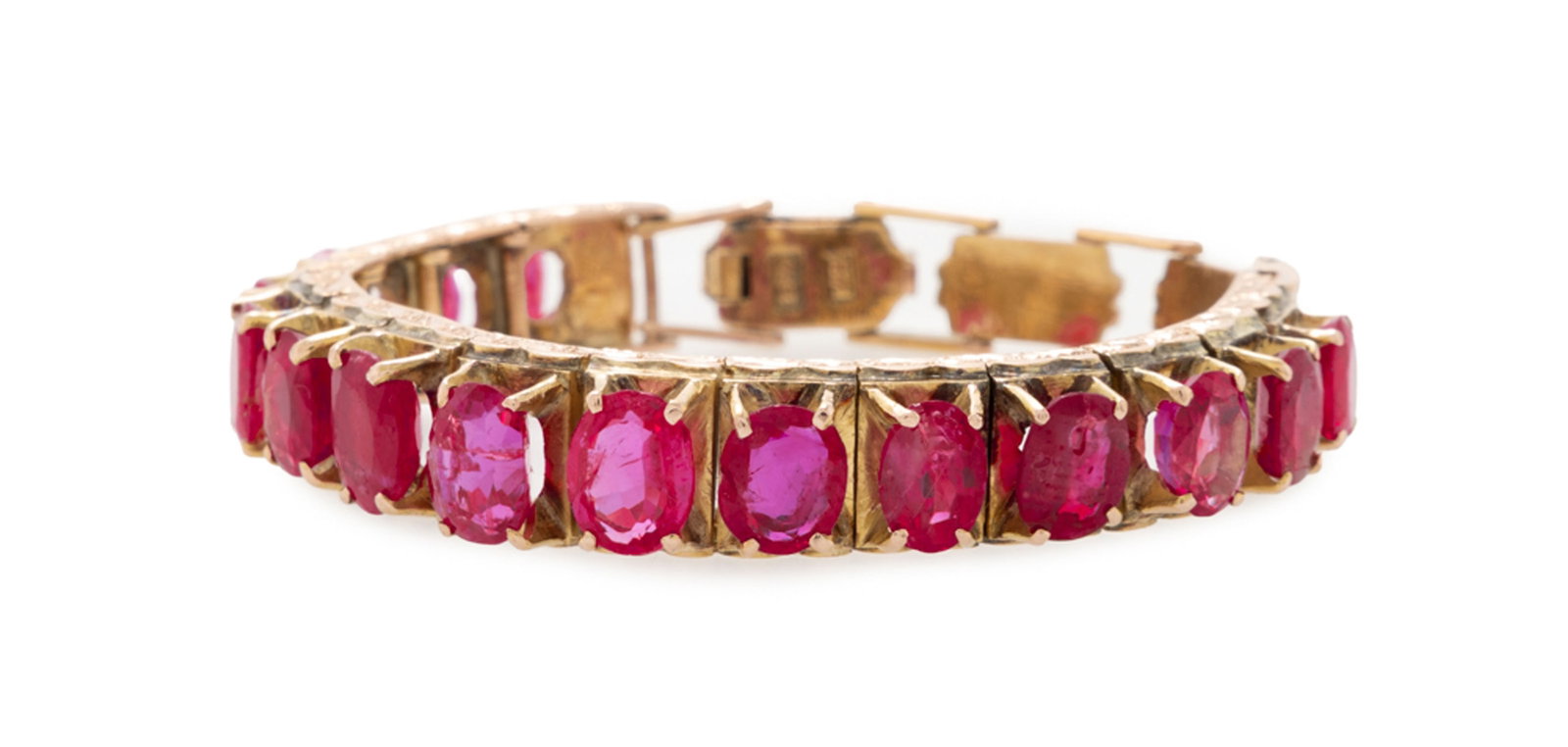 Lot de deux bracelets en or 585 sertis de lignes de rubis ovales en chute, circ. 12 et 14 cm, 40g - 3