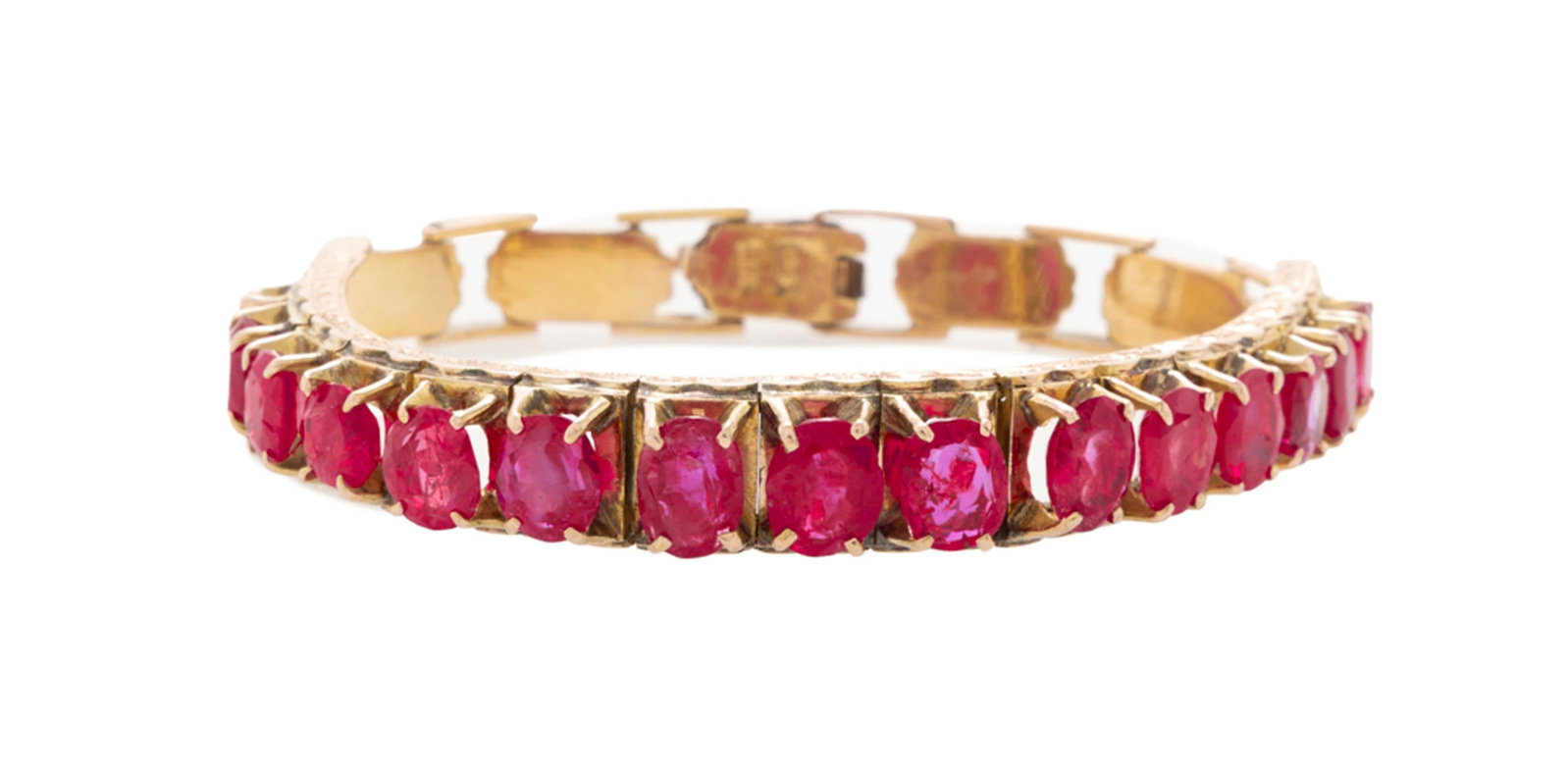Lot de deux bracelets en or 585 sertis de lignes de rubis ovales en chute, circ. 12 et 14 cm, 40g - 4