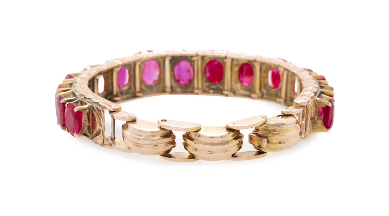 Lot de deux bracelets en or 585 sertis de lignes de rubis ovales en chute, circ. 12 et 14 cm, 40g - 5