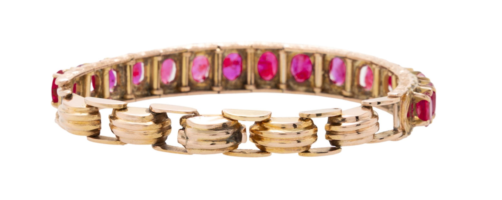 Lot de deux bracelets en or 585 sertis de lignes de rubis ovales en chute, circ. 12 et 14 cm, 40g - 6