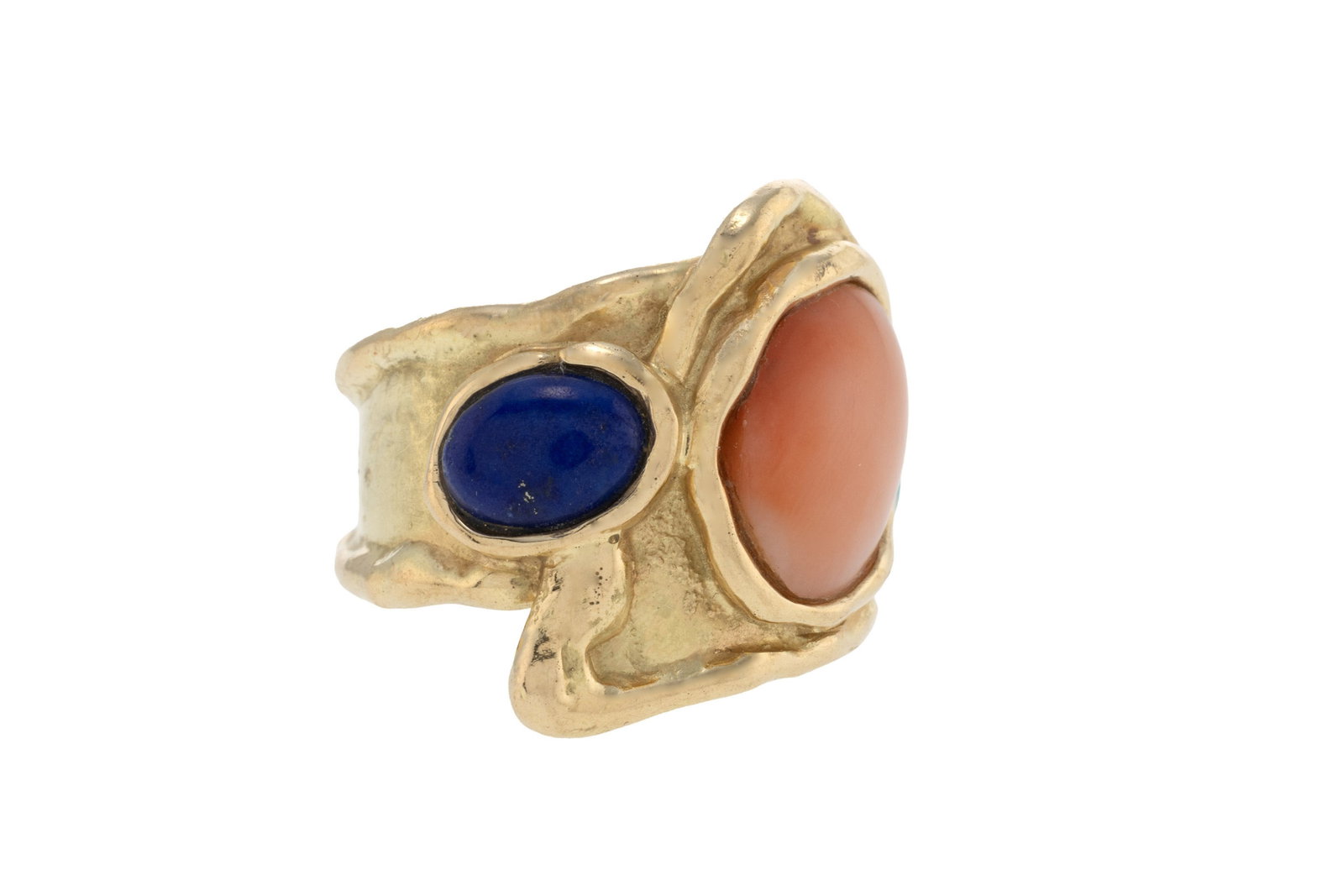 Bague or 750 ornée de trois cabochons de turquoise, corail et lapis-lazuli, doigt 57-17, 12g C - 2