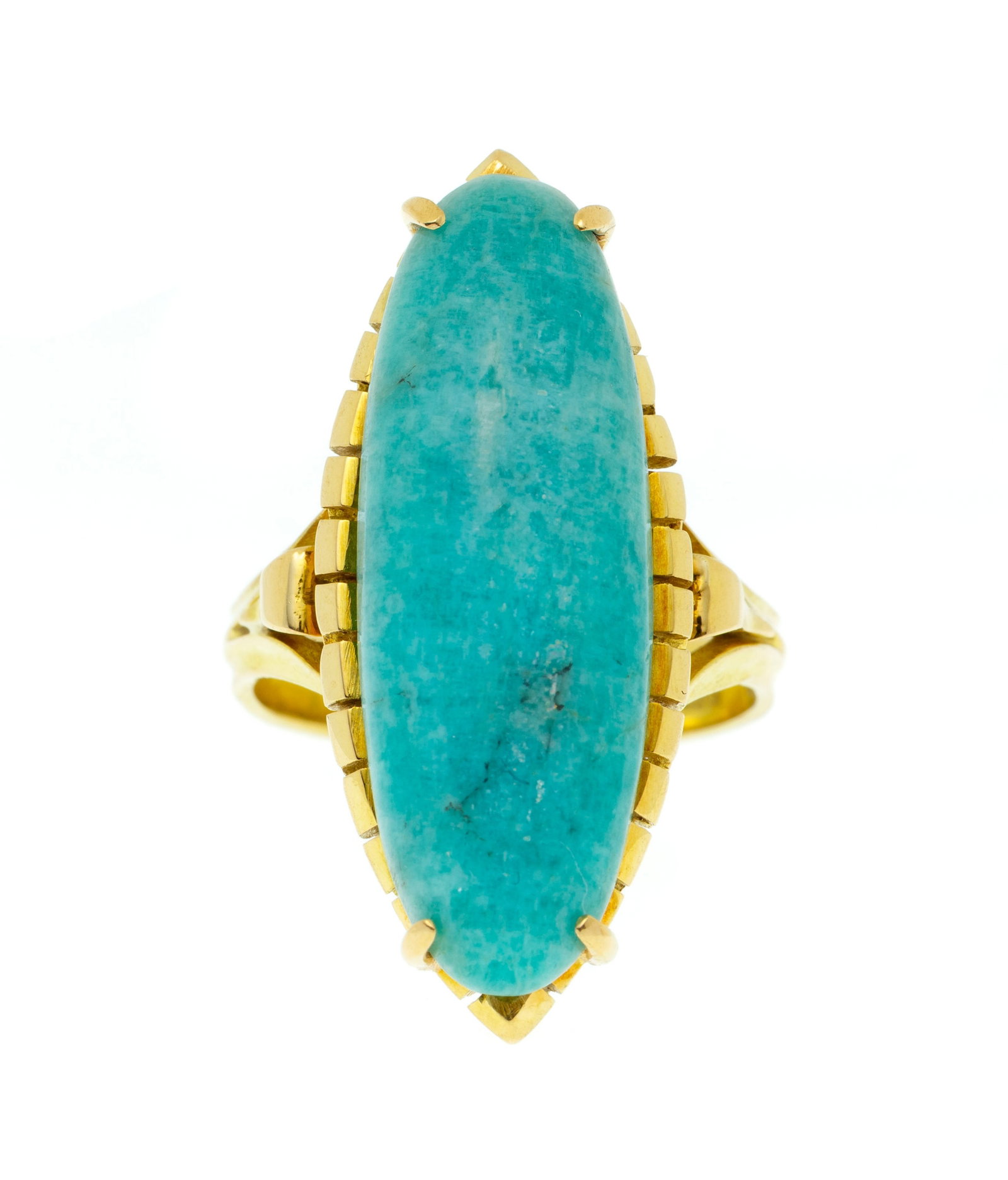 Bague or 750 sertie d'un cabochon d'amazonite, doigt 56-16, 9g: Bague or 750 sertie d'un cabochon d'amazonite, doigt 56-16, 9g Condition Bon état général. Présence de rayures et micro rayures d'usage normal.
