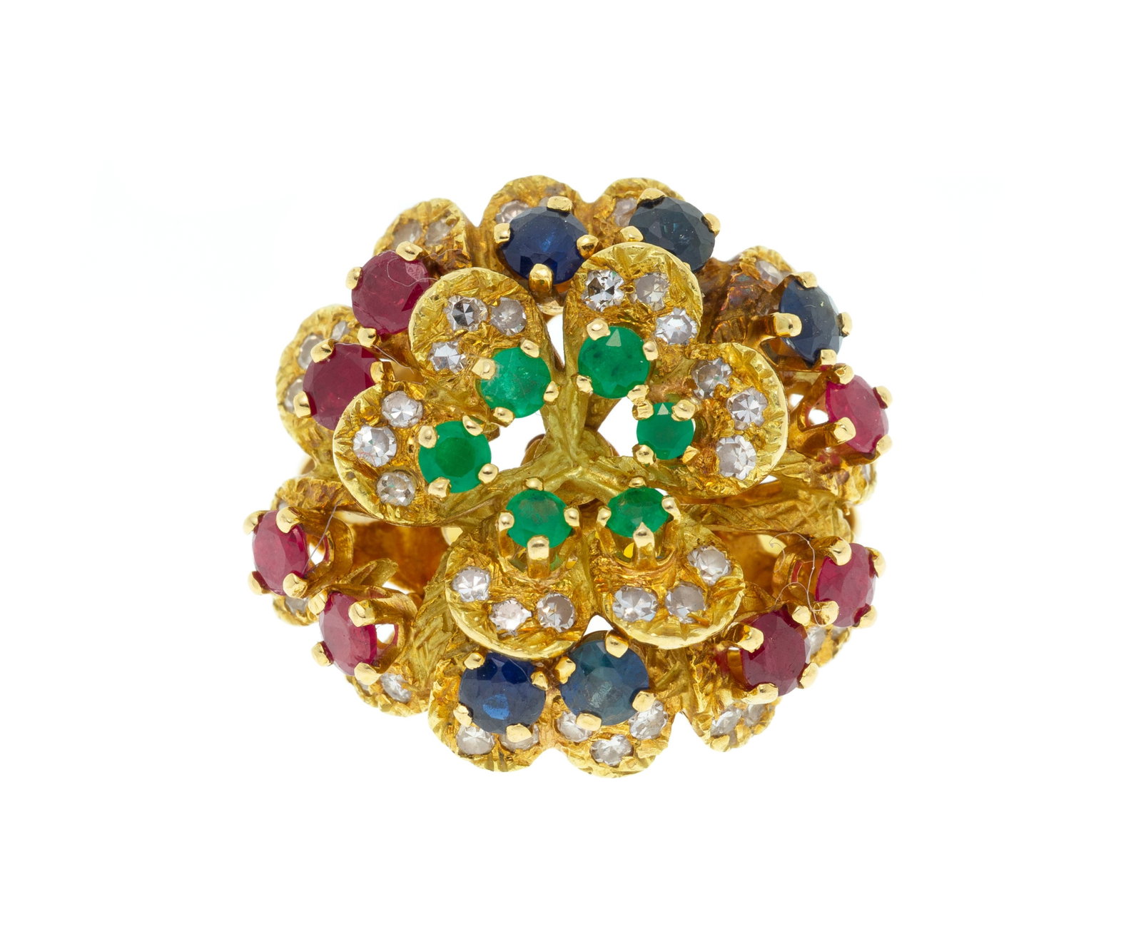 Bague fleur or 750 sertie d'émeraudes, de rubis, de saphirs et de diamants taille 8/8, doigt 51: Bague fleur or 750 sertie d'émeraudes, de rubis, de saphirs et de diamants taille 8/8, doigt 51-11, 11g Condition Monture: Bon état de conservation général. Présence de