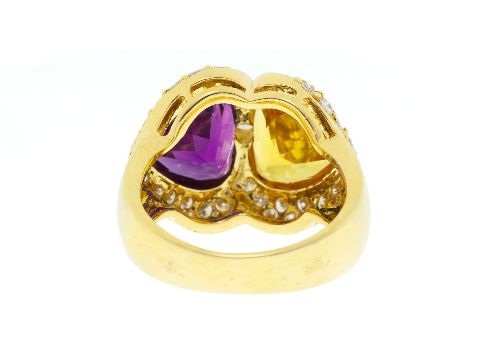 Bague or 750 opposant une améthyste et une citrine taillées en cœur entourées de - 3