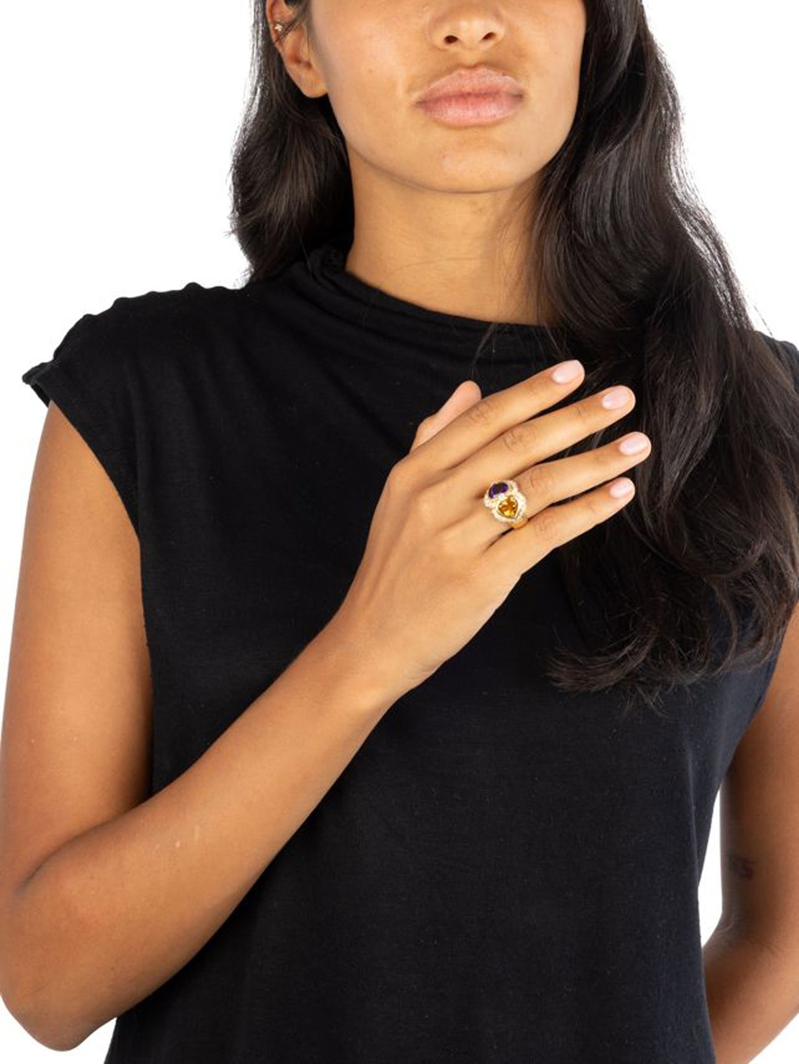 Bague or 750 opposant une améthyste et une citrine taillées en cœur entourées de - 4