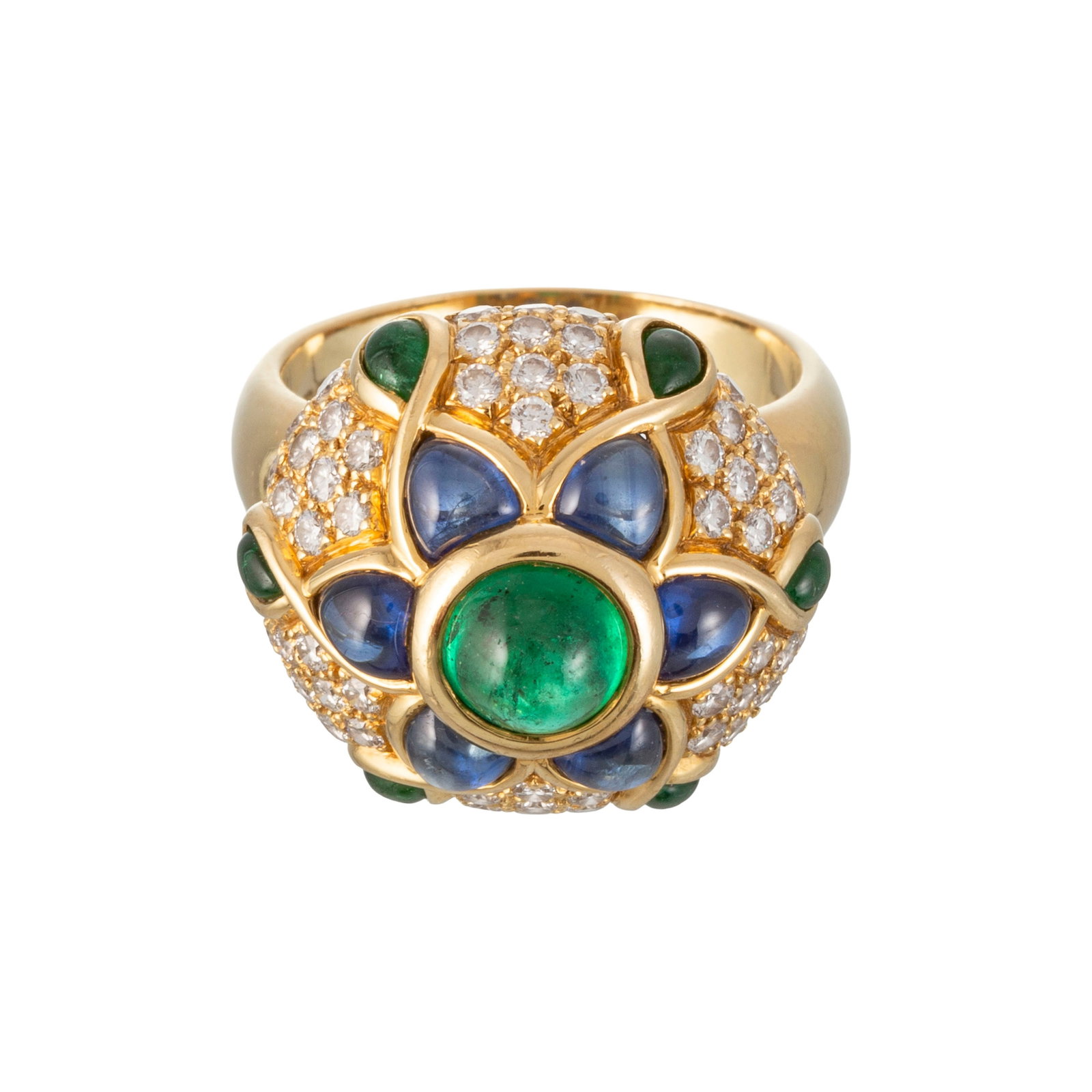 Bague or 750 sertie de cabochons de saphirs et d'émeraudes rehaussés de diamants taille br - 2