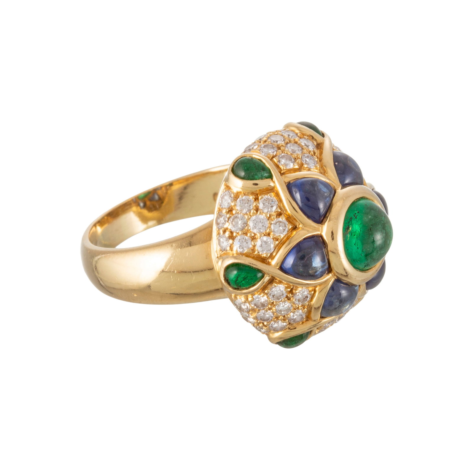 Bague or 750 sertie de cabochons de saphirs et d'émeraudes rehaussés de diamants taille br - 3