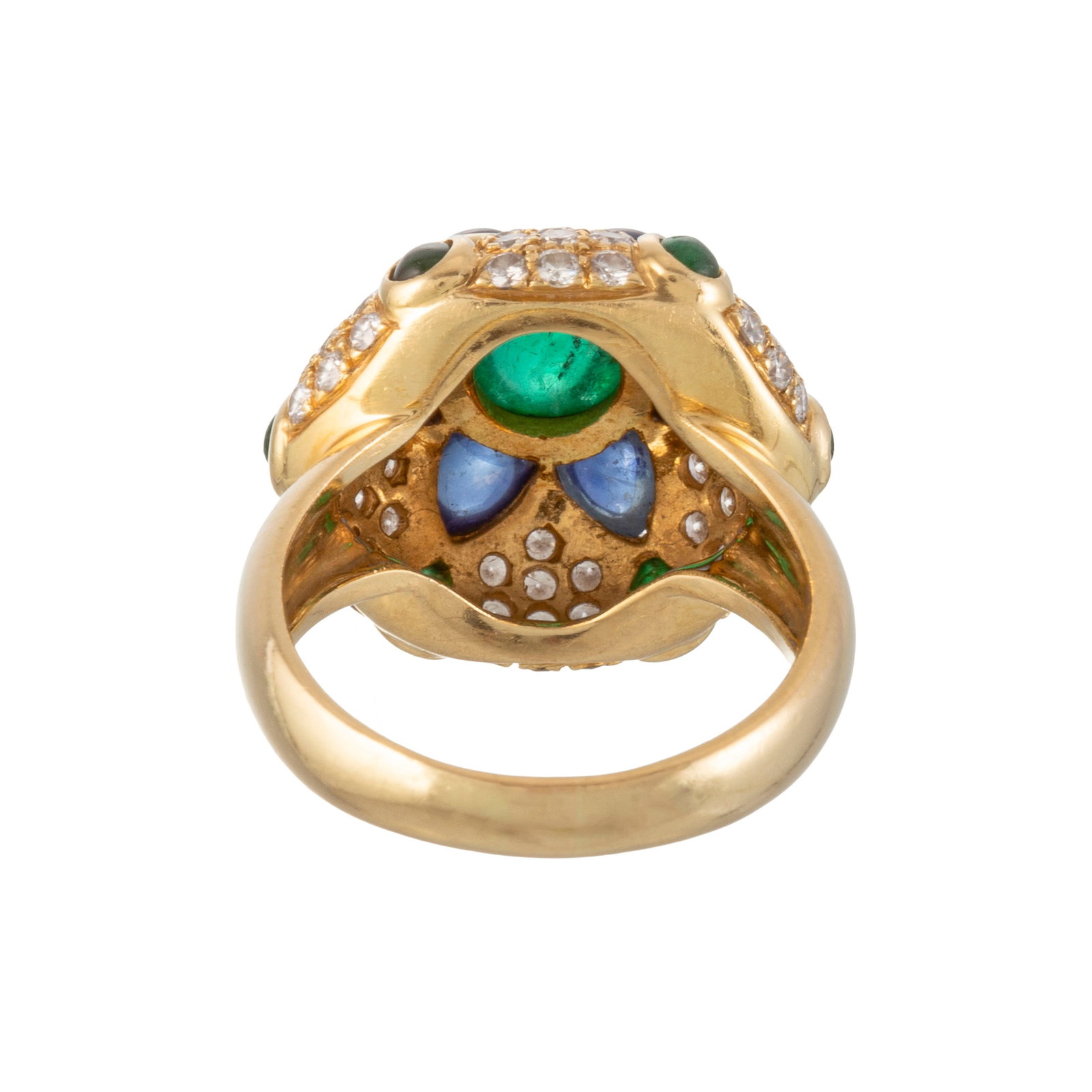 Bague or 750 sertie de cabochons de saphirs et d'émeraudes rehaussés de diamants taille br - 4