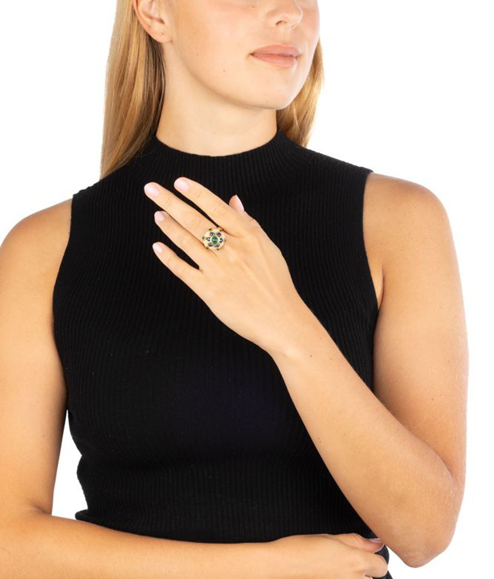 Bague or 750 sertie de cabochons de saphirs et d'émeraudes rehaussés de diamants taille br - 5
