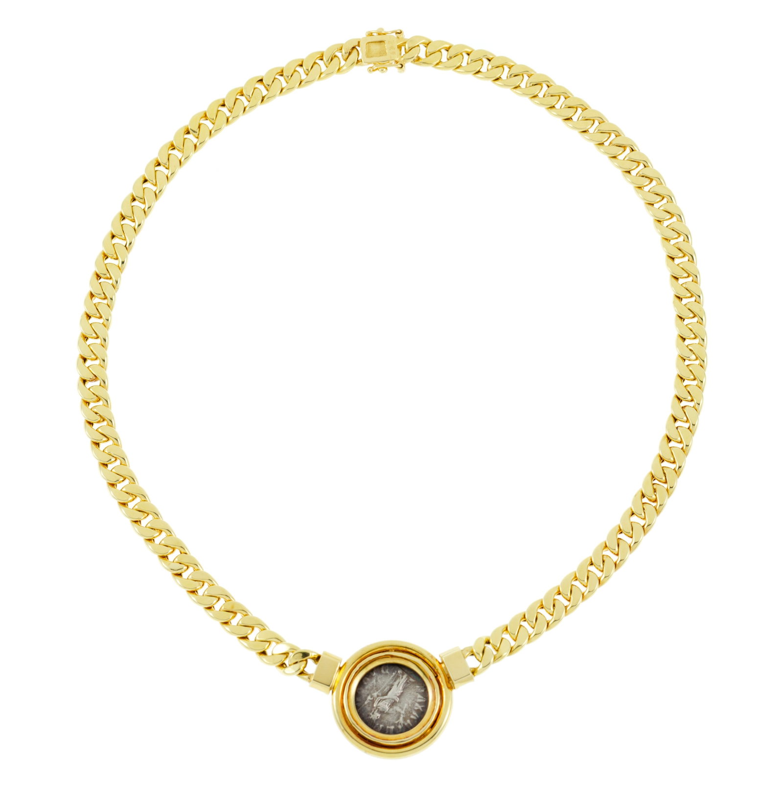 Collier or 750 à maille gourmette limée retenant un centre orné d'un sesterce (3è - 3
