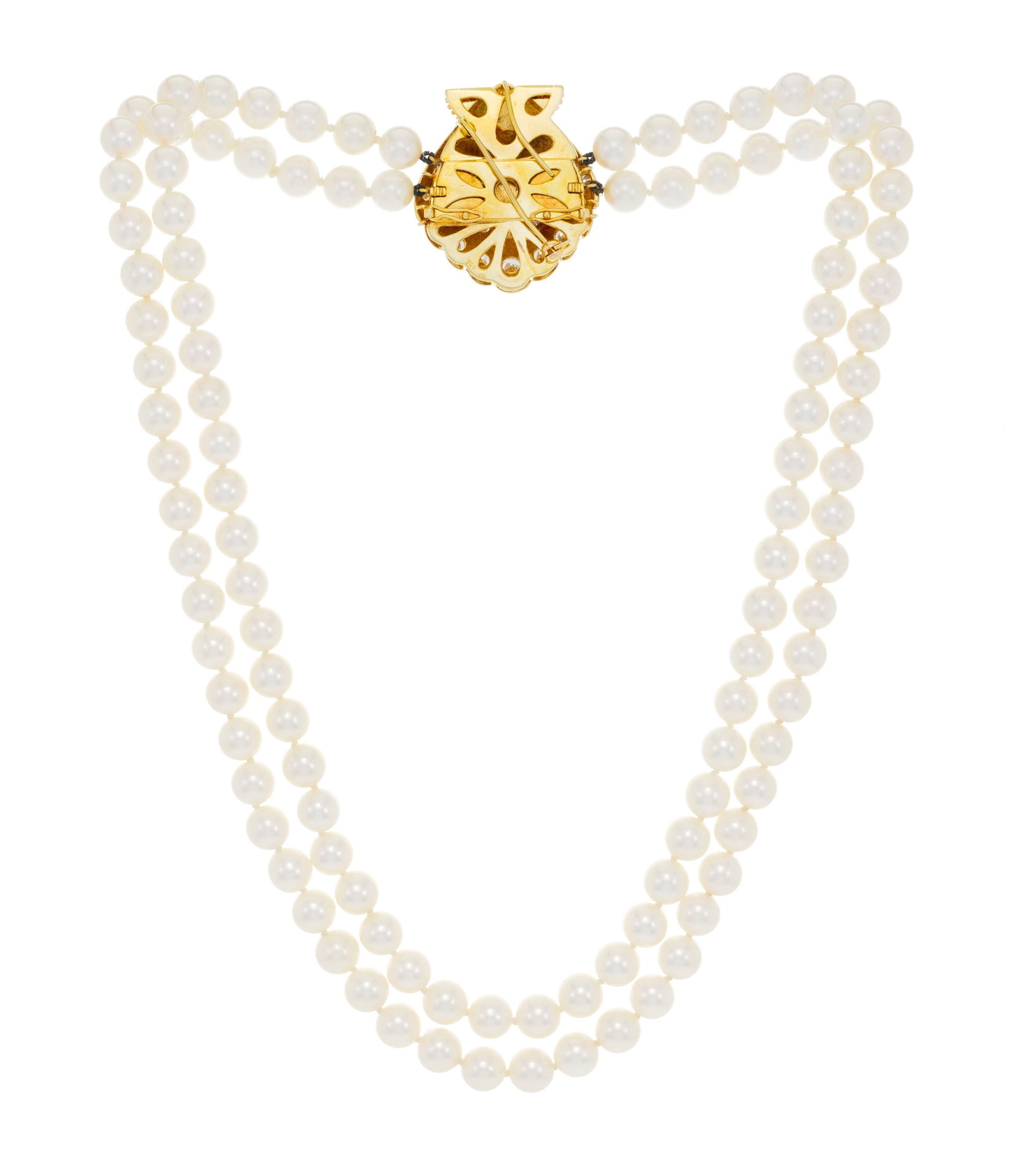 Collier 2 rangs de perles de culture blanches avec un fermoir coquille Saint-Jacques en or 750 textu - 2