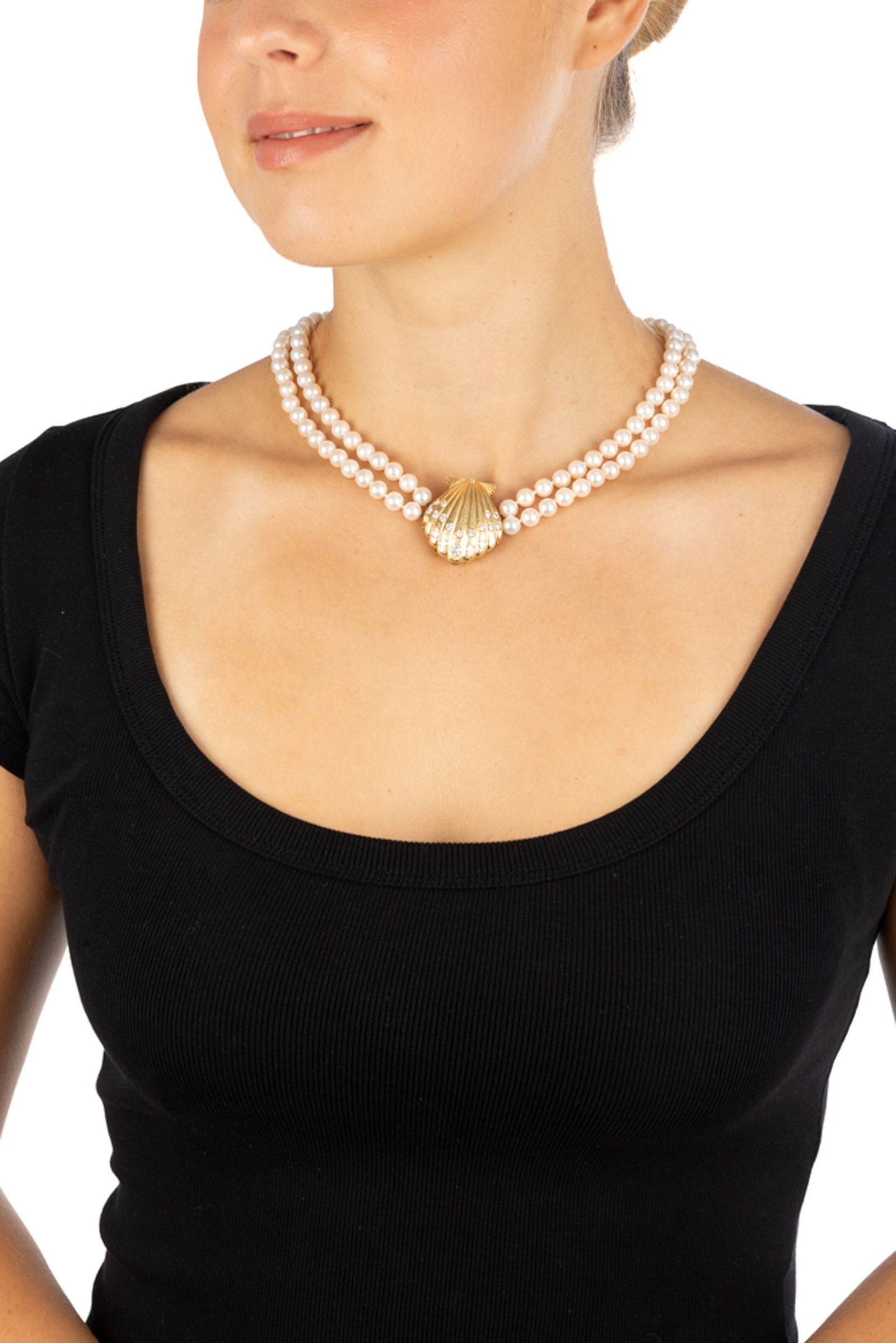 Collier 2 rangs de perles de culture blanches avec un fermoir coquille Saint-Jacques en or 750 textu - 4