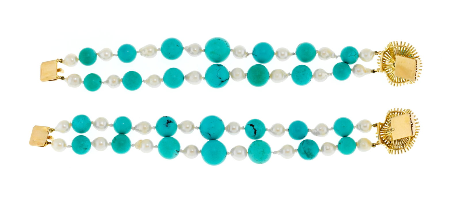 Lot de deux bracelets composés de deux rangs de perles de culture alternées de billes de t - 3