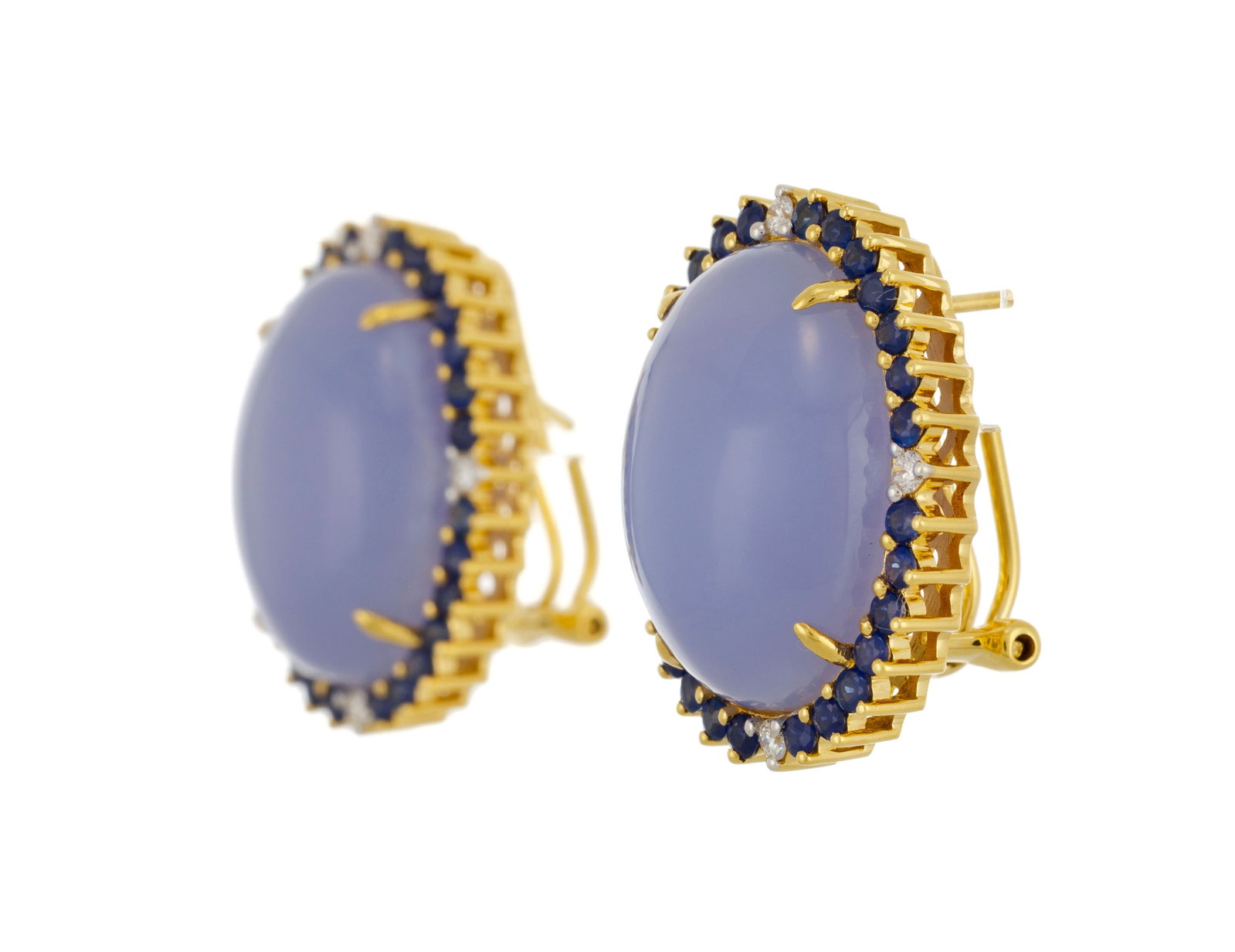 Paire de boucles d'oreilles en or 750 serties de cabochons de calcédoines entourés de saph - 2
