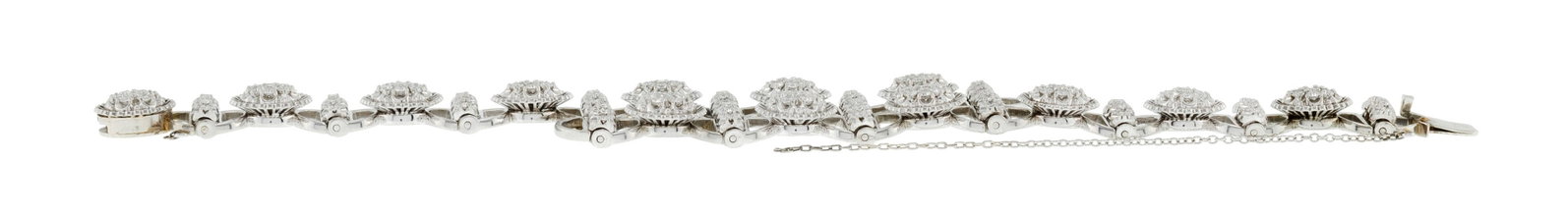 Bracelet or gris 750 formé d'une succession de fleurettes serties de diamants taille 8/8, long. - 2