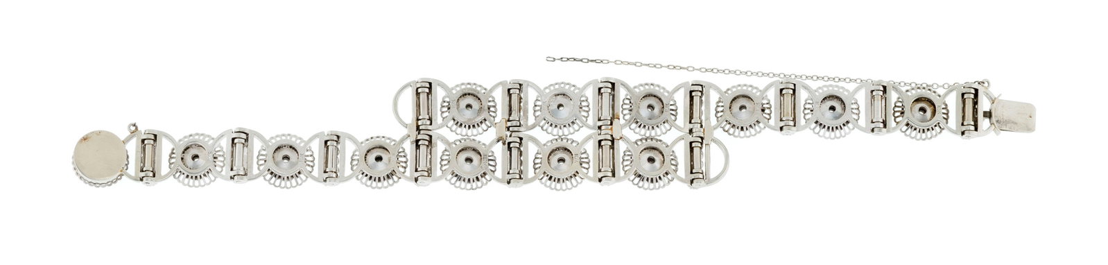 Bracelet or gris 750 formé d'une succession de fleurettes serties de diamants taille 8/8, long. - 3
