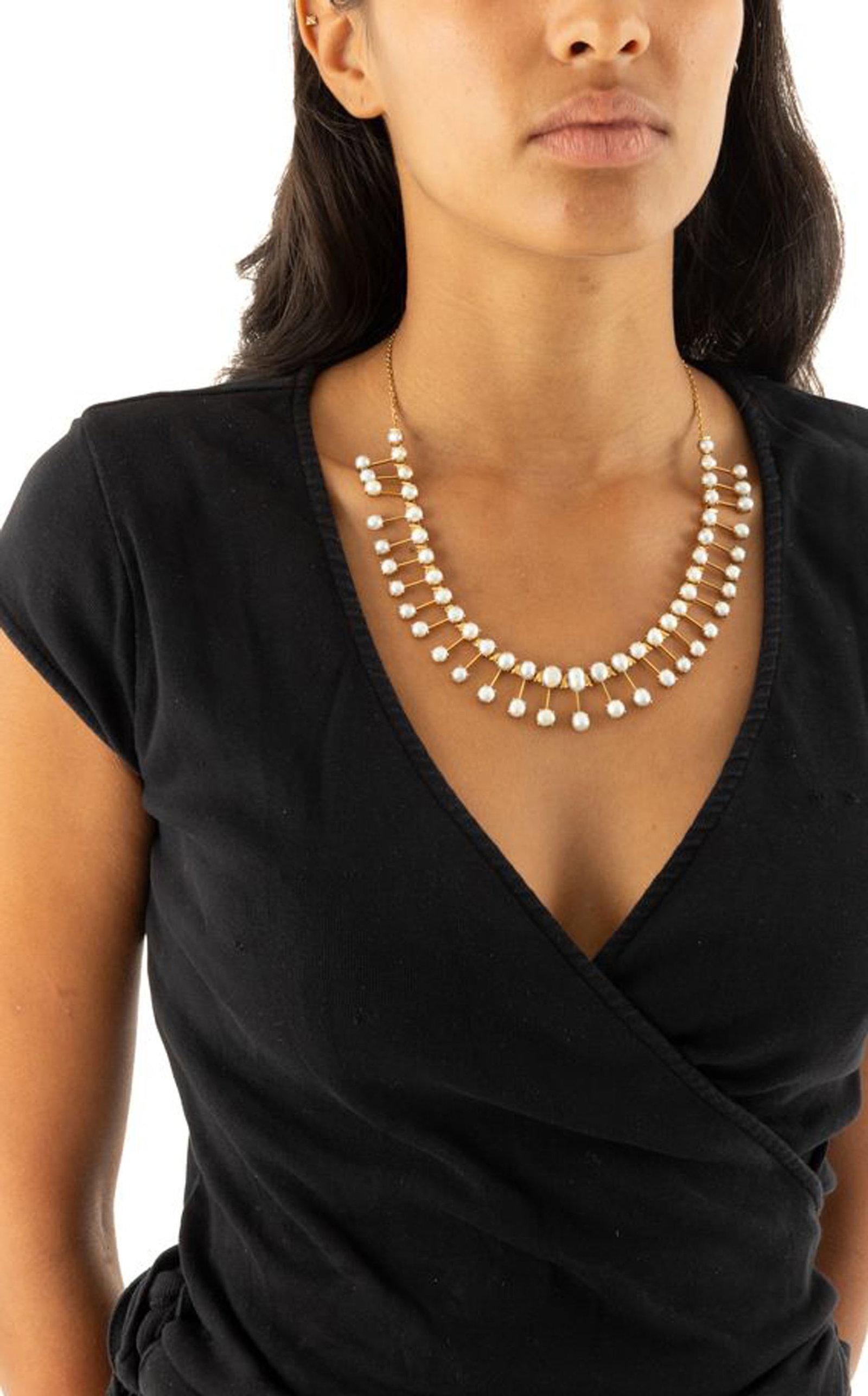 Collier or 585 à maille forçat limée ornée de deux lignes de perles de culture d - 4