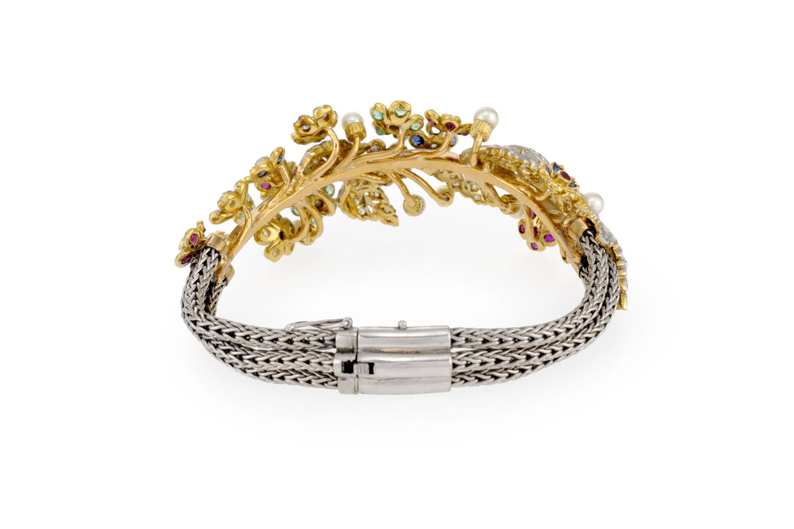 Bracelet semi rigide 2 ors 750 à décor végétal serti de saphirs, d'émeraude - 3